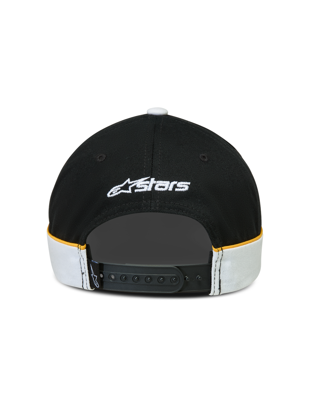 Alpinestars gorra 500 Snapback, gorra de estilo lifestyle deportivo, negra y blanca con detalles amarillos, cierre snapback ajustable, vista trasera con logotipo Astars bordado en blanco y detalles de confección con ribete en contraste