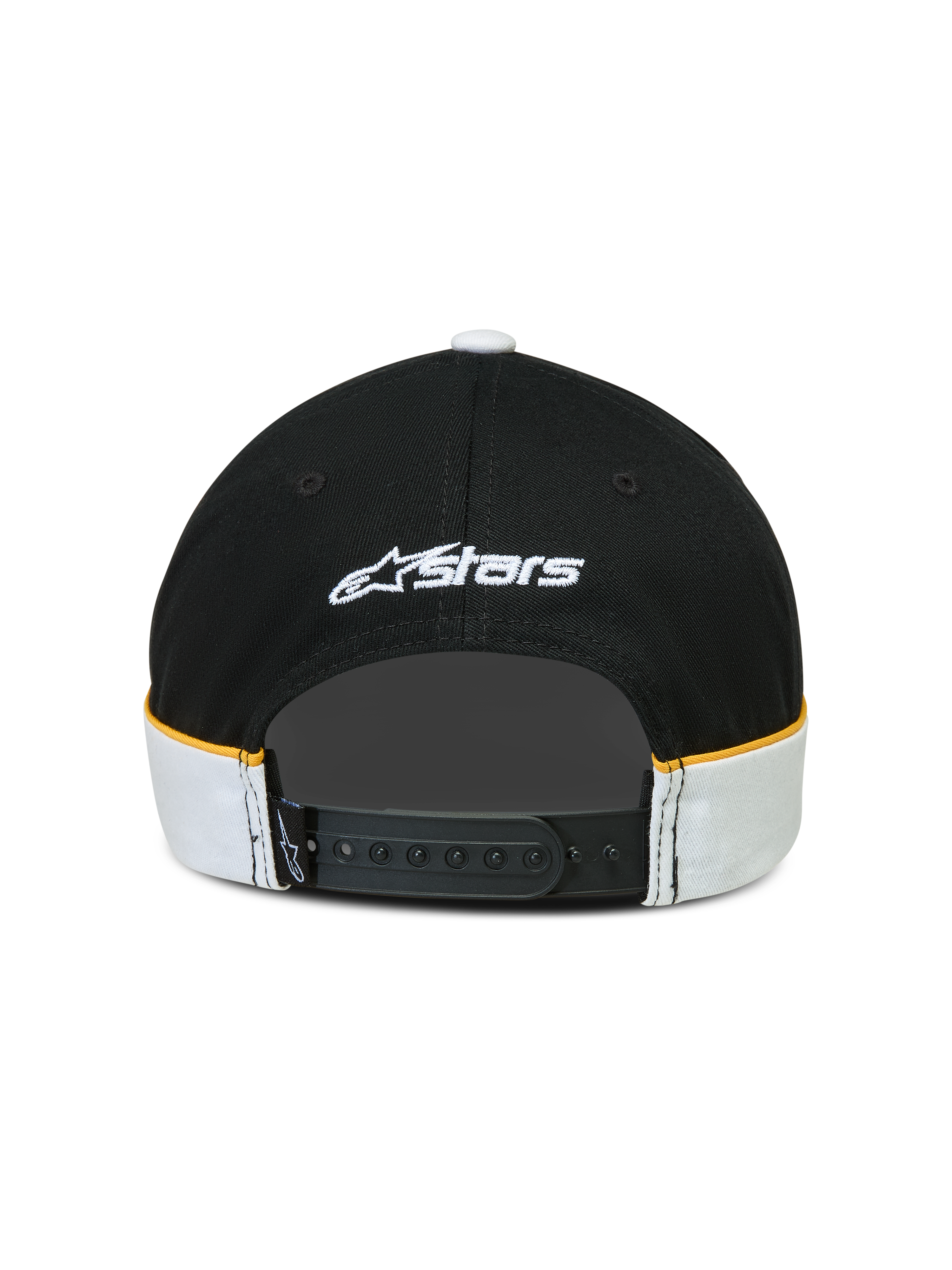 Alpinestars gorra 500 Snapback, gorra de estilo lifestyle deportivo, negra y blanca con detalles amarillos, cierre snapback ajustable, vista trasera con logotipo Astars bordado en blanco y detalles de confección con ribete en contraste