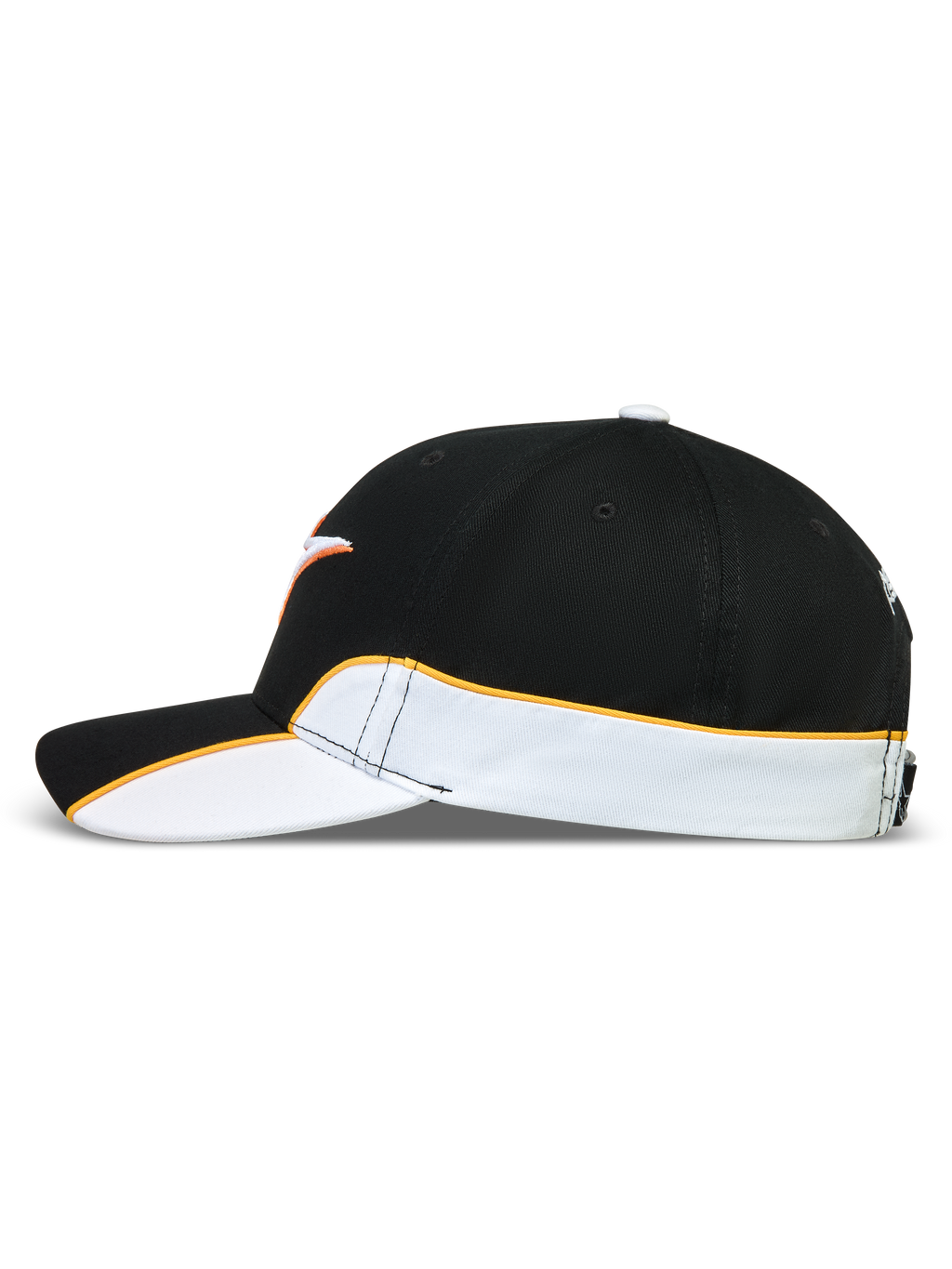 Alpinestars Gorra 500 Snapback, gorra de estilo motorsport y sportswear, unisex, negra y blanca con ribete naranja en contraste, vista lateral que muestra detalles de corte y confección, visera curva y corona estructurada de sarga de algodón.
