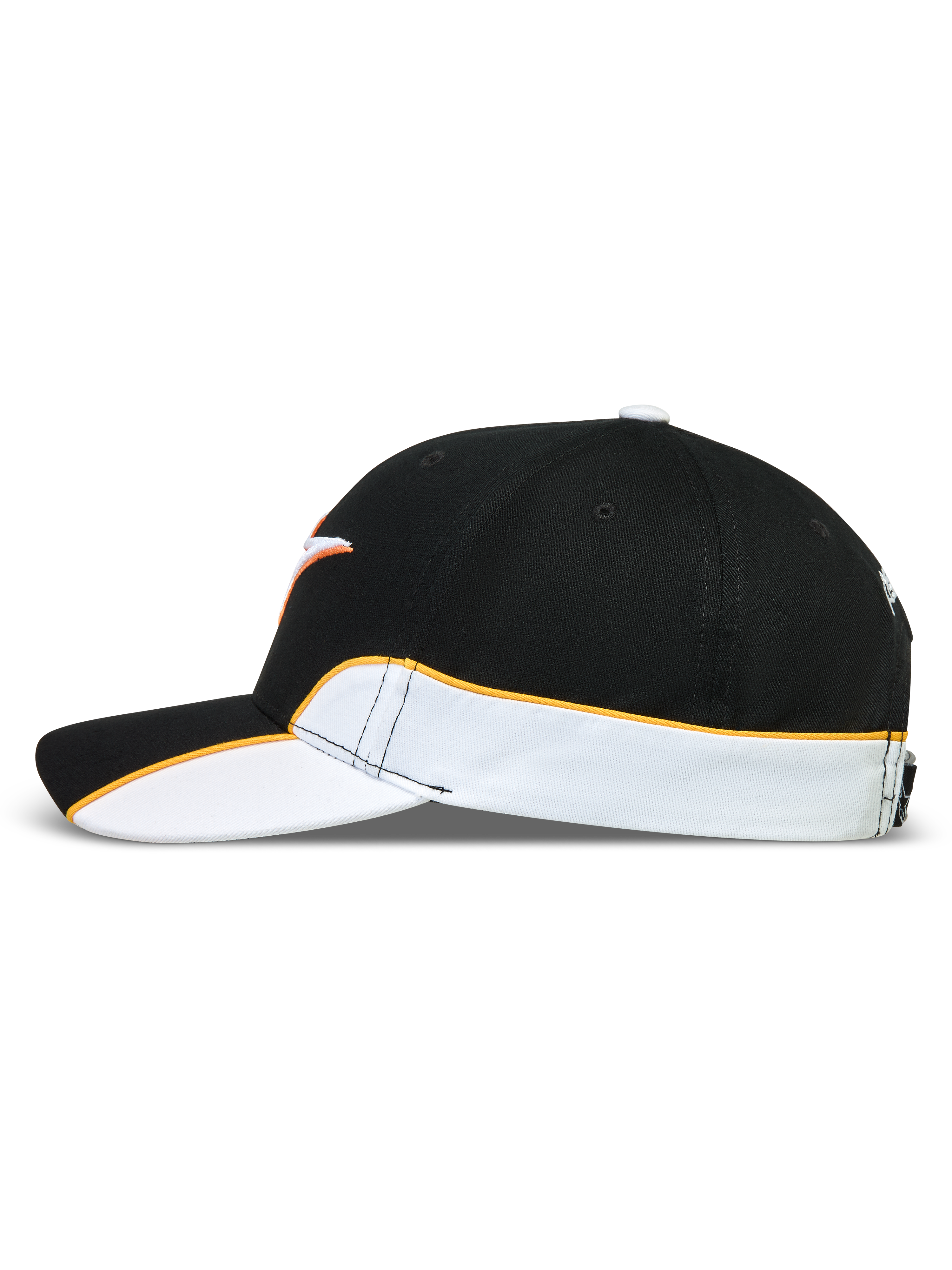 Alpinestars Gorra 500 Snapback, gorra de estilo motorsport y sportswear, unisex, negra y blanca con ribete naranja en contraste, vista lateral que muestra detalles de corte y confección, visera curva y corona estructurada de sarga de algodón.