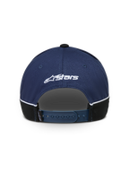 Alpinestars 500 Snapback Hat, Sportswear Baseball Cap, Navy Blue and Black, Rear View showing Adjustable Snapback Closure, White Astars Logo Embroidery, and Contrast Piping Detail.