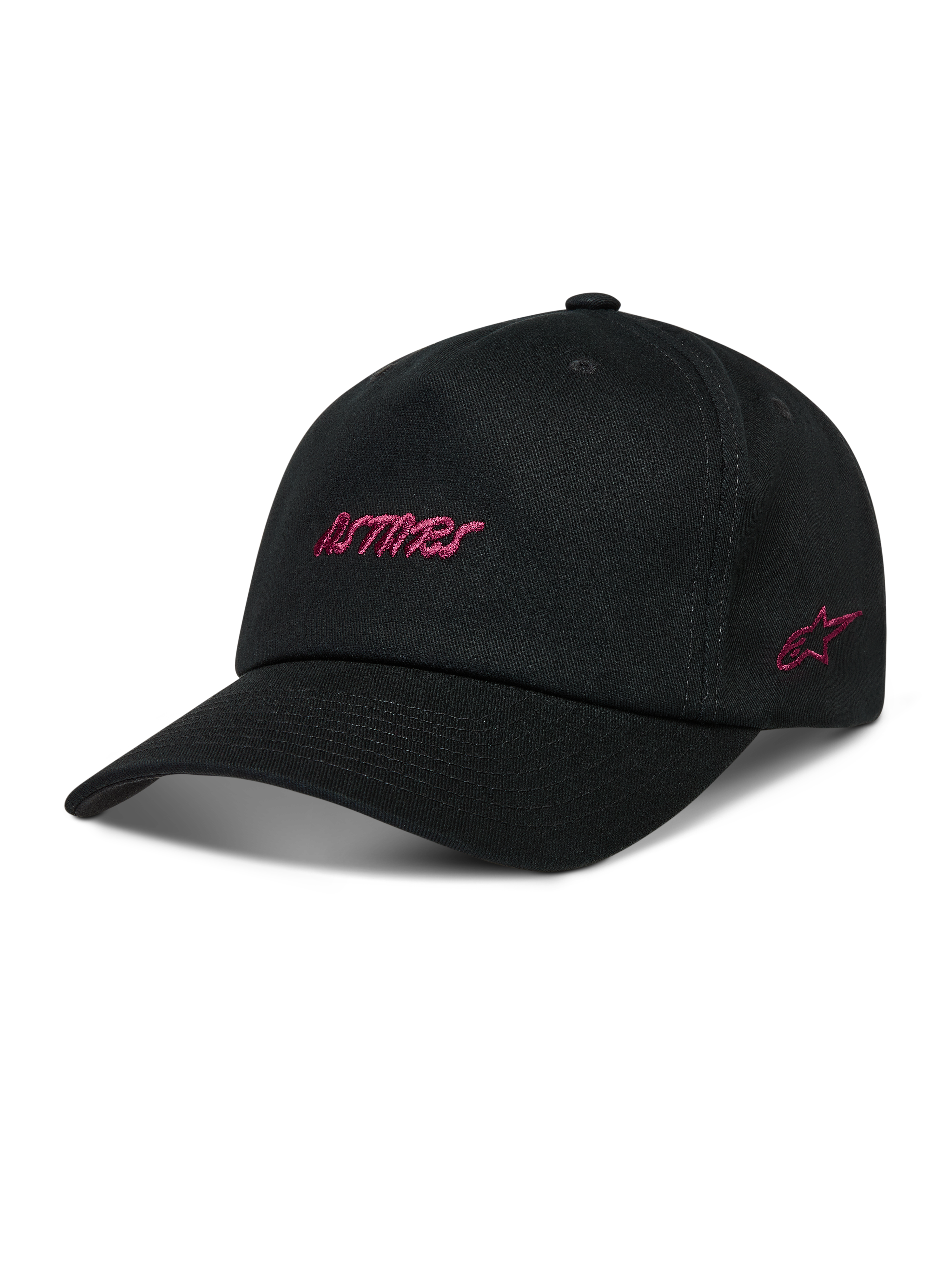 Alpinestars Explorer Strapback Gorro, gorra negra con logotipos Astars bordados en rosa y corona estructurada