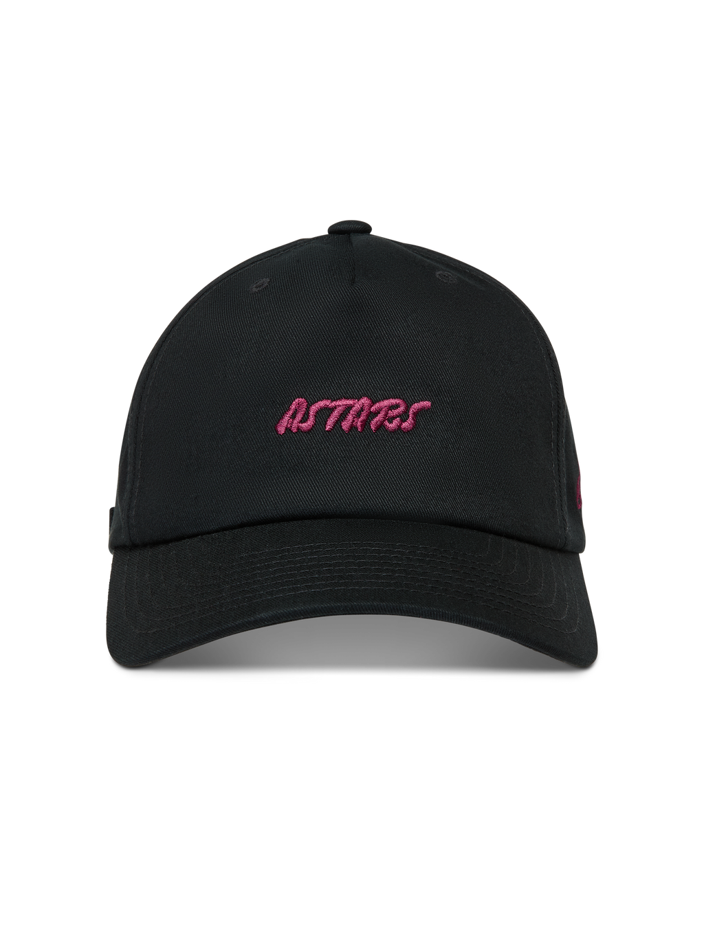 Alpinestars Explorer Strapback, gorra de béisbol negra de estilo deportivo con logotipo Astars bordado en rosa y visera curva