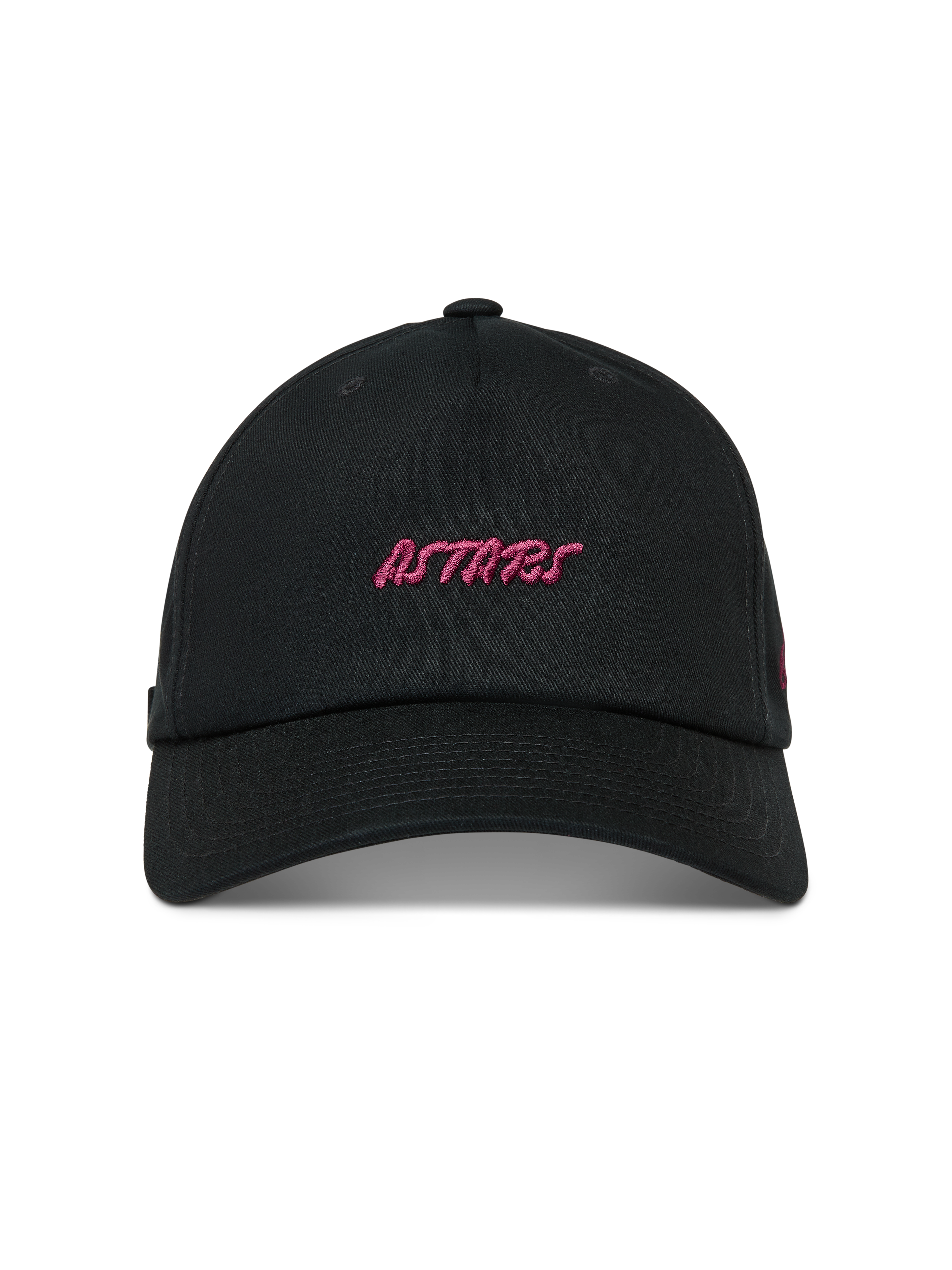 Alpinestars Explorer Strapback, gorra de béisbol negra de estilo deportivo con logotipo Astars bordado en rosa y visera curva