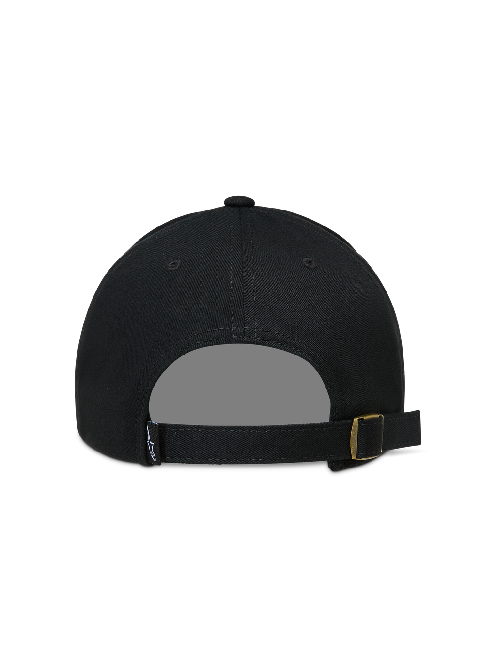 Alpinestars Explorer Strapback, gorra negra con cierre ajustable y hebilla metálica dorada, vista trasera
