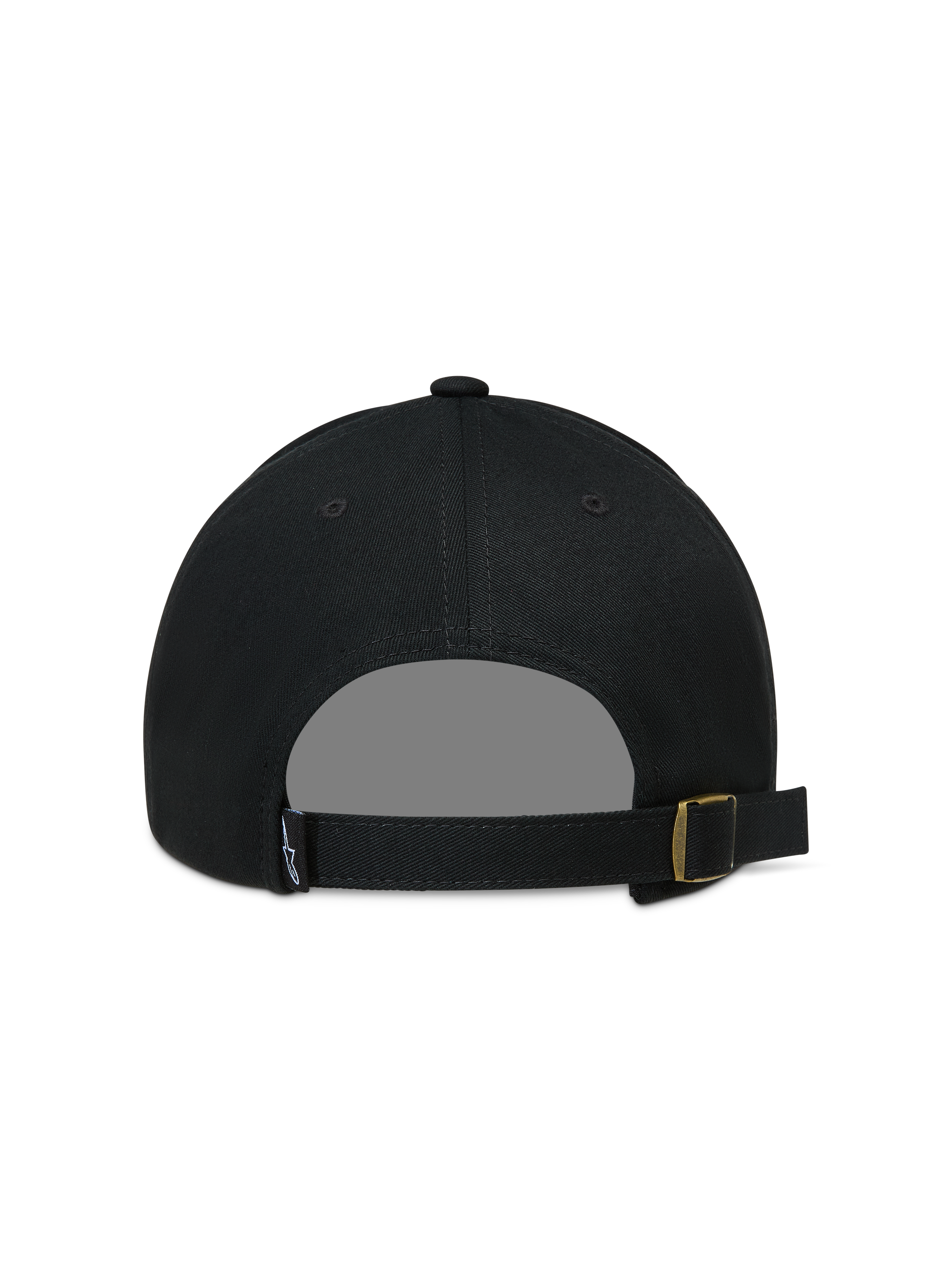 Alpinestars Explorer Strapback, gorra negra con cierre ajustable y hebilla metálica dorada, vista trasera
