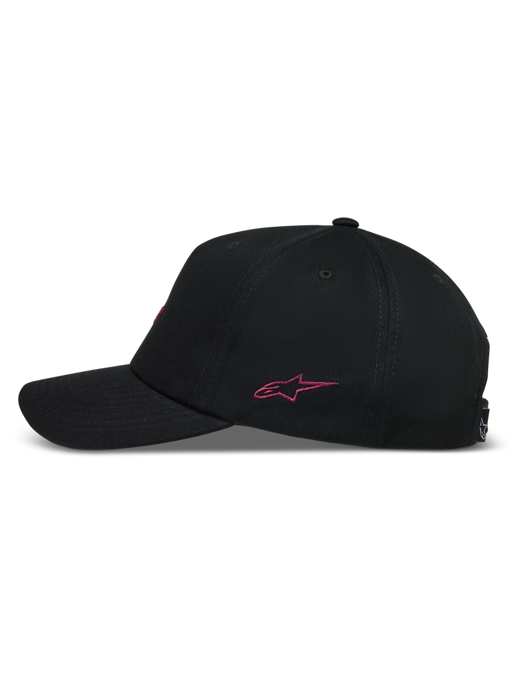Alpinestars Explorer Strapback Gorro, vista lateral de una gorra negra de sarga con logotipo rosa bordado y visera curva.