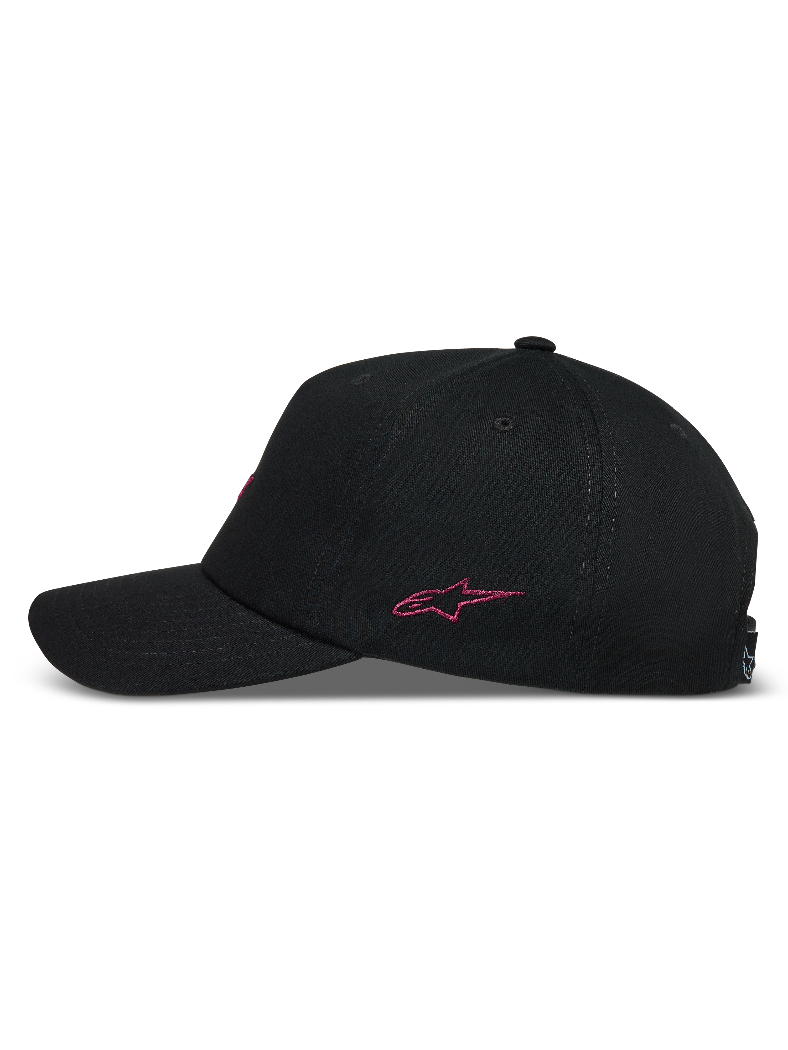 Alpinestars Explorer Strapback Gorro, vista lateral de una gorra negra de sarga con logotipo rosa bordado y visera curva.