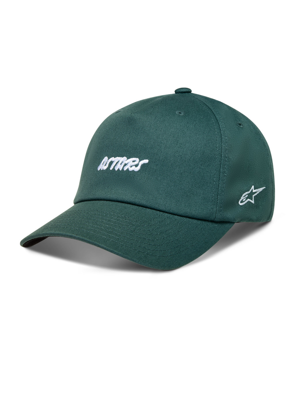 Alpinestars Explorer Strapback Gorro, gorra de sarga verde con visera curva y logotipo Astars bordado en blanco, ropa deportiva