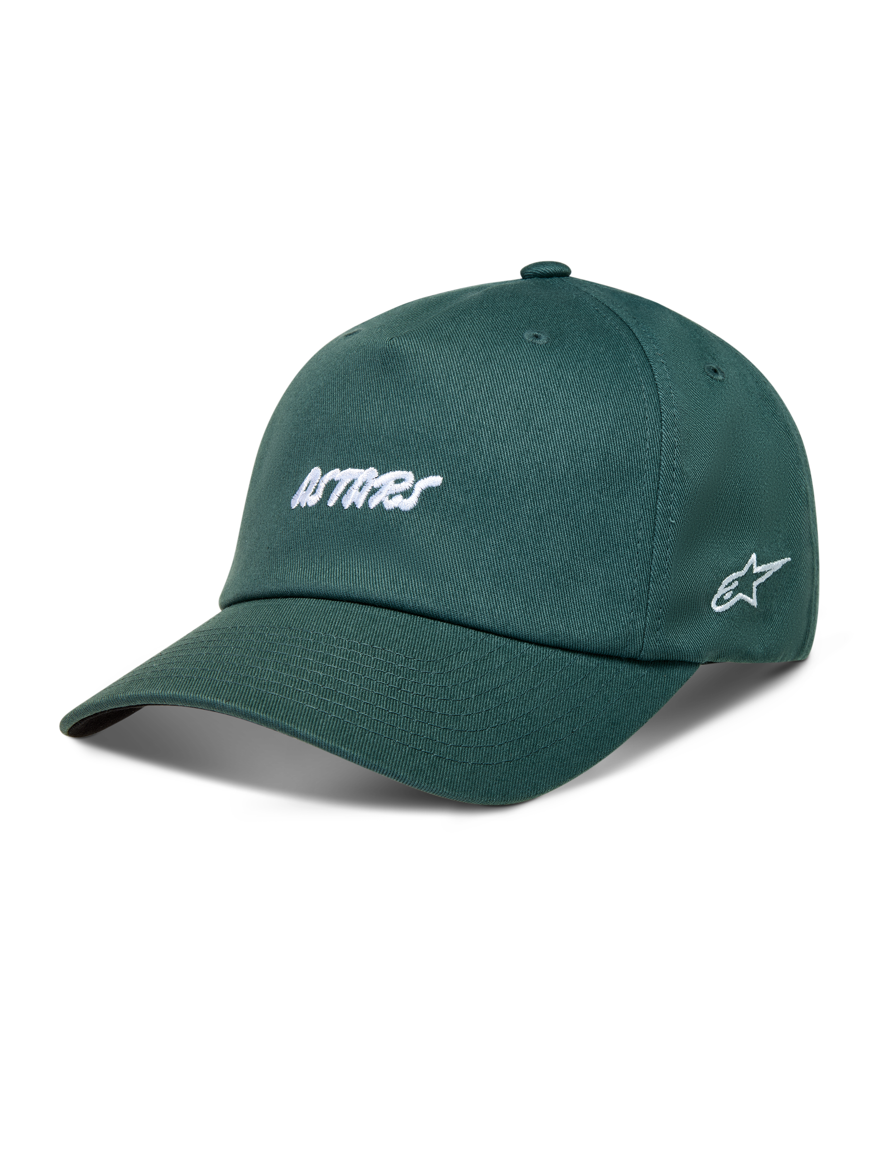 Alpinestars Explorer Strapback Gorro, gorra de sarga verde con visera curva y logotipo Astars bordado en blanco, ropa deportiva