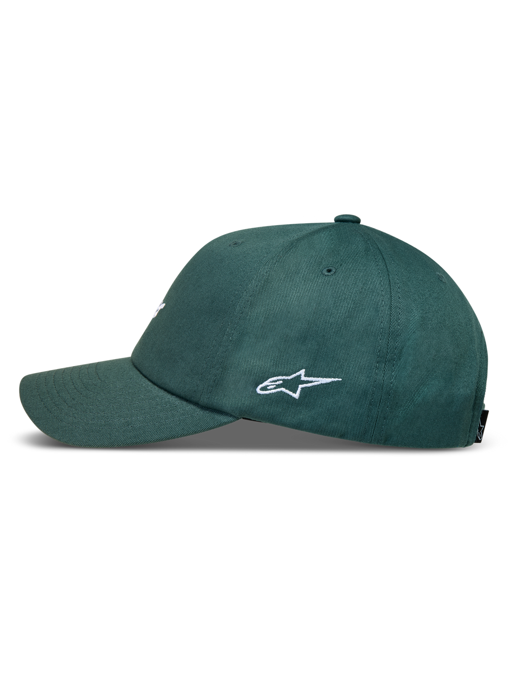 Alpinestars Explorer Strapback Gorro verde, vista lateral con logotipo blanco bordado, visera curva y corona estructurada.