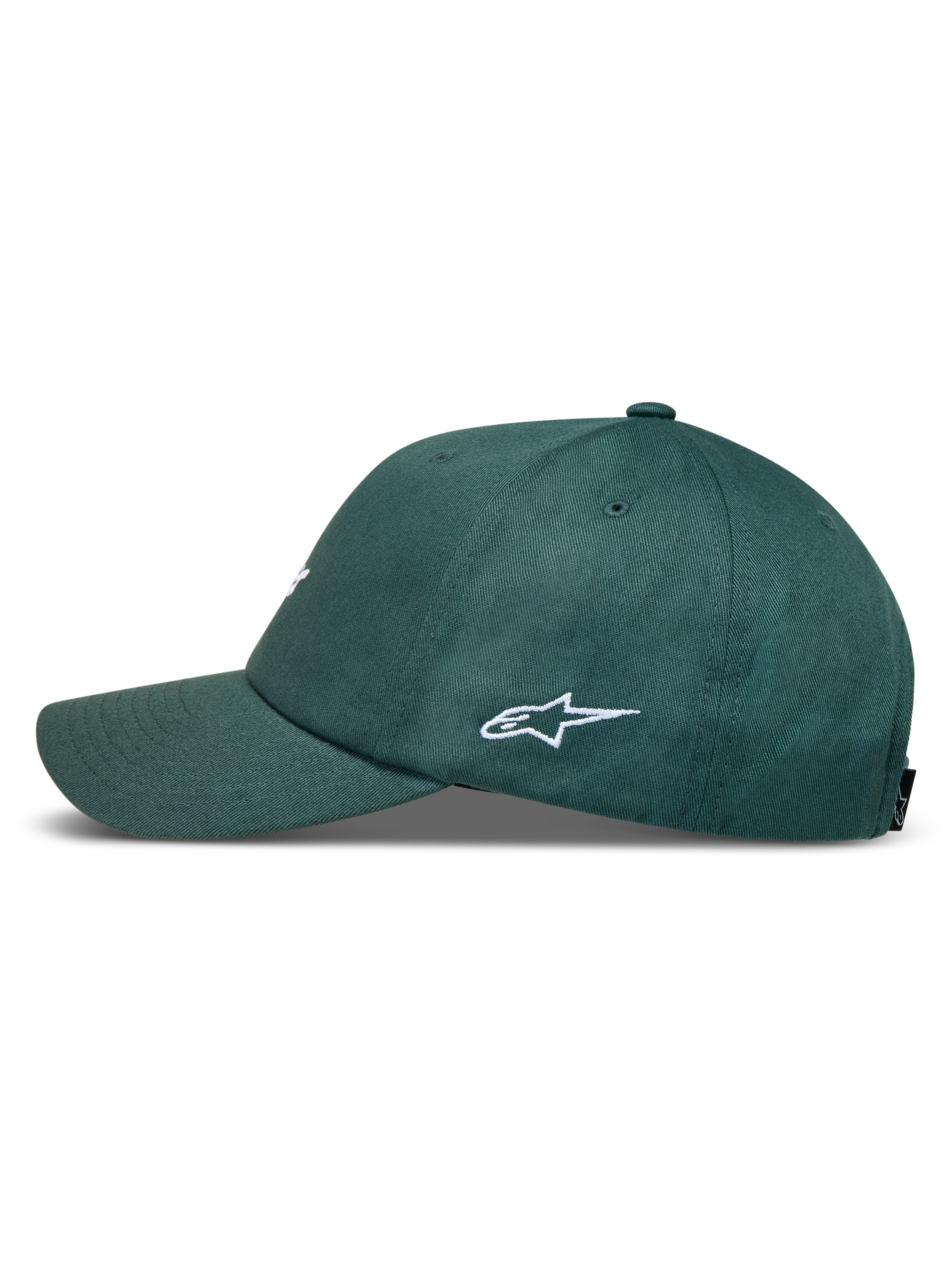Alpinestars Explorer Strapback Gorro verde, vista lateral con logotipo blanco bordado, visera curva y corona estructurada.