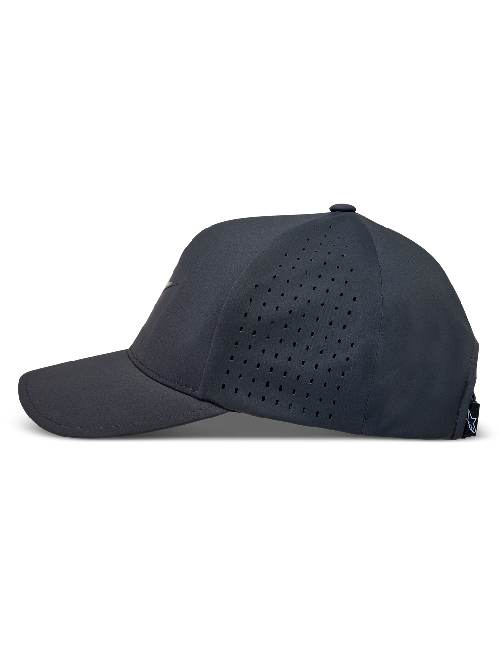 Alpinestars Algo Perf Adjustable Hat, Sportswear Tech Fabric Cap, Dark Grey, featuring Side Perforations and a Curved Bill.