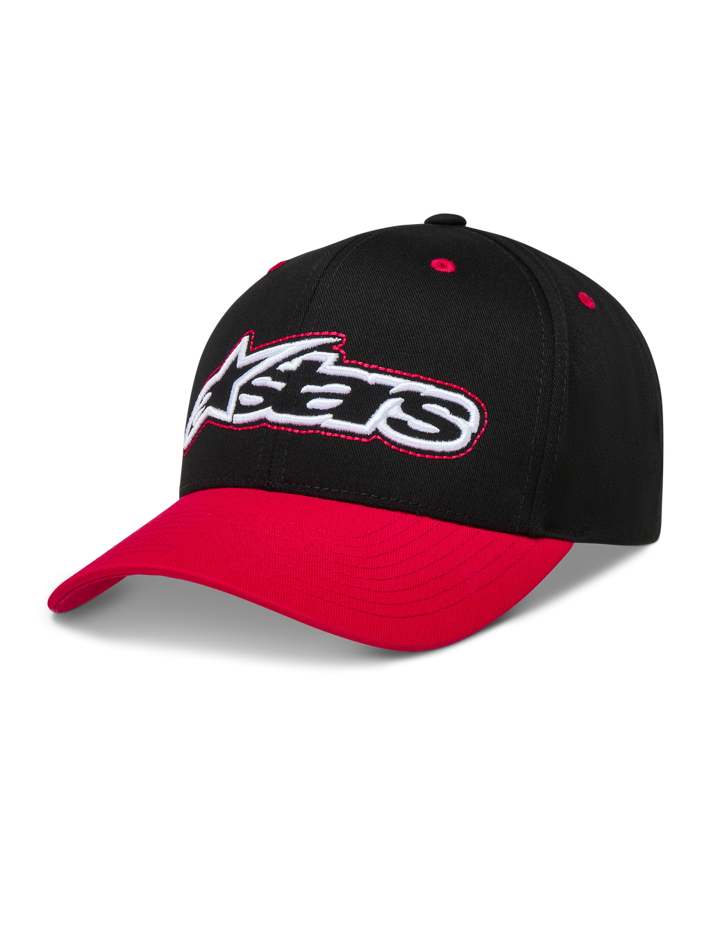 Alpinestars Retro Snapback Gorro, gorra de estilo retro negra y roja con visera curva y logotipo Astars bordado.