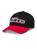 Alpinestars Retro Snapback Gorro, gorra de estilo retro negra y roja con visera curva y logotipo Astars bordado.