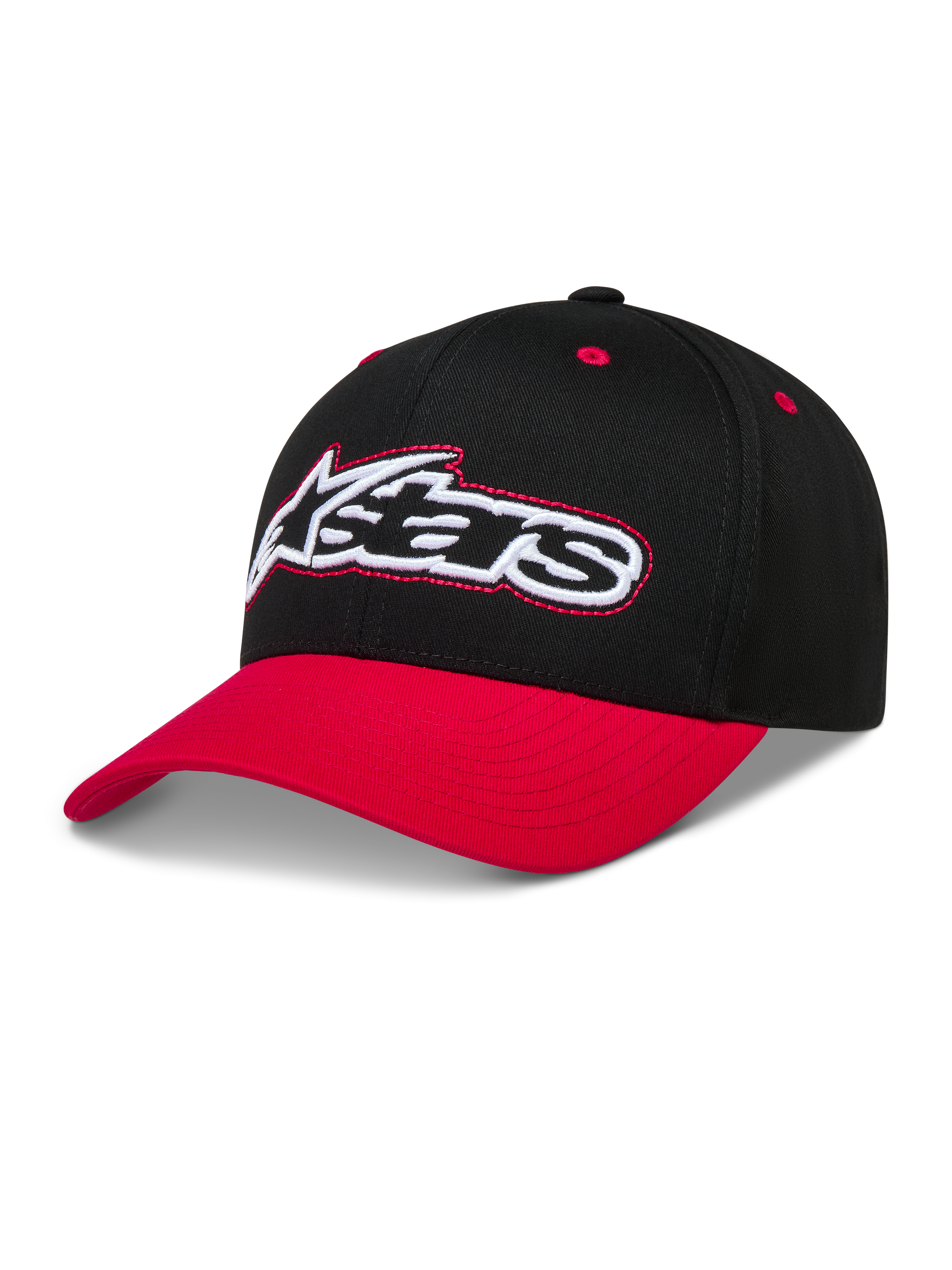 Alpinestars Retro Snapback Gorro, gorra de estilo retro negra y roja con visera curva y logotipo Astars bordado.
