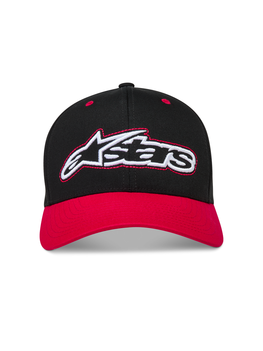 Alpinestars Retro Snapback Gorro, gorra con visera curva, negra y roja con logotipo Astars bordado, ropa deportiva de sarga