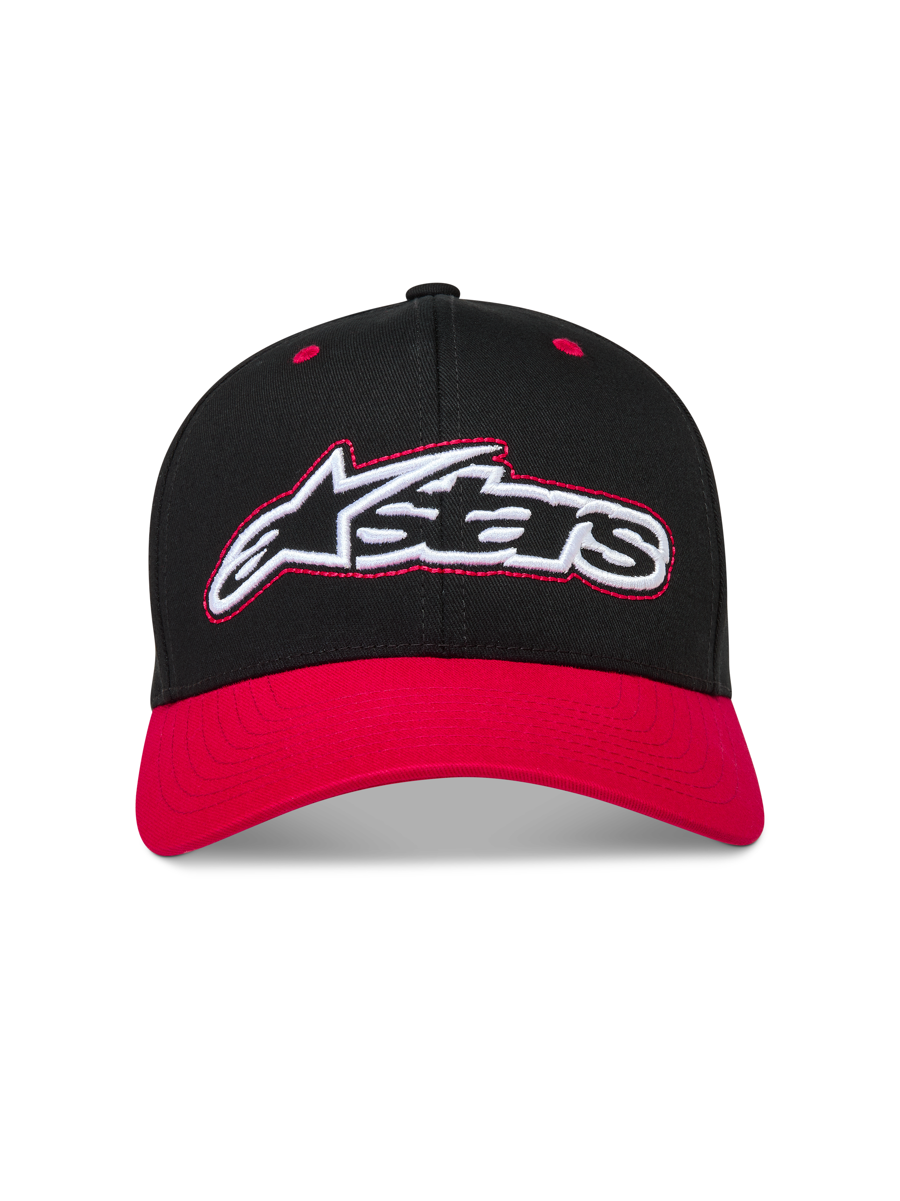 Alpinestars Retro Snapback Gorro, gorra con visera curva, negra y roja con logotipo Astars bordado, ropa deportiva de sarga