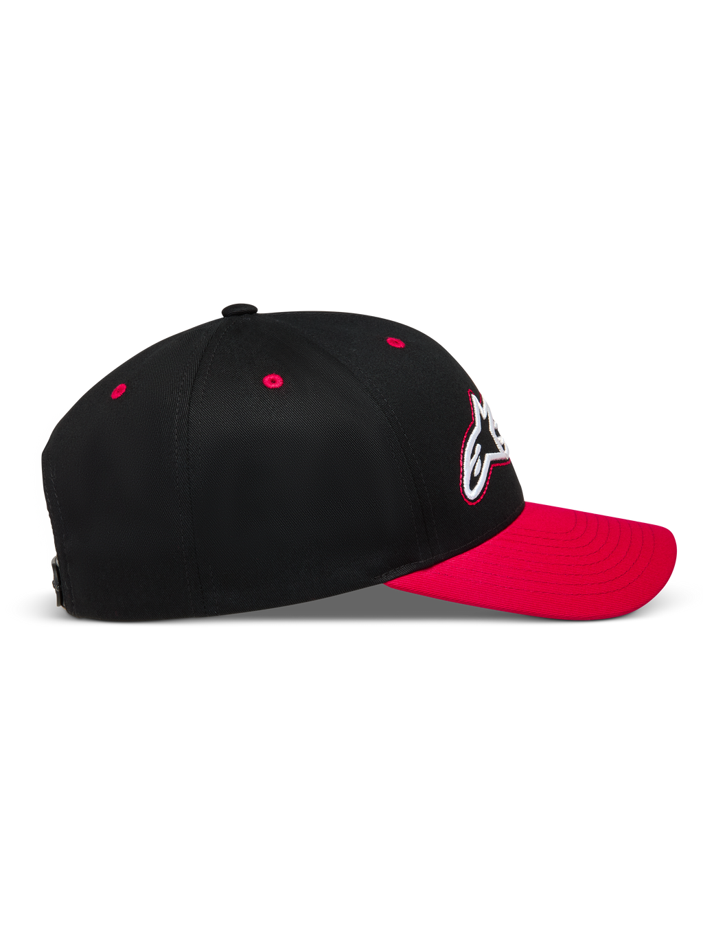 Alpinestars Retro Snapback Gorro, gorra deportiva negra y roja con visera curva y corona estructurada de sarga, vista de perfil
