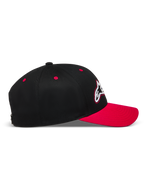 Alpinestars Retro Snapback Gorro, gorra deportiva negra y roja con visera curva y corona estructurada de sarga, vista de perfil