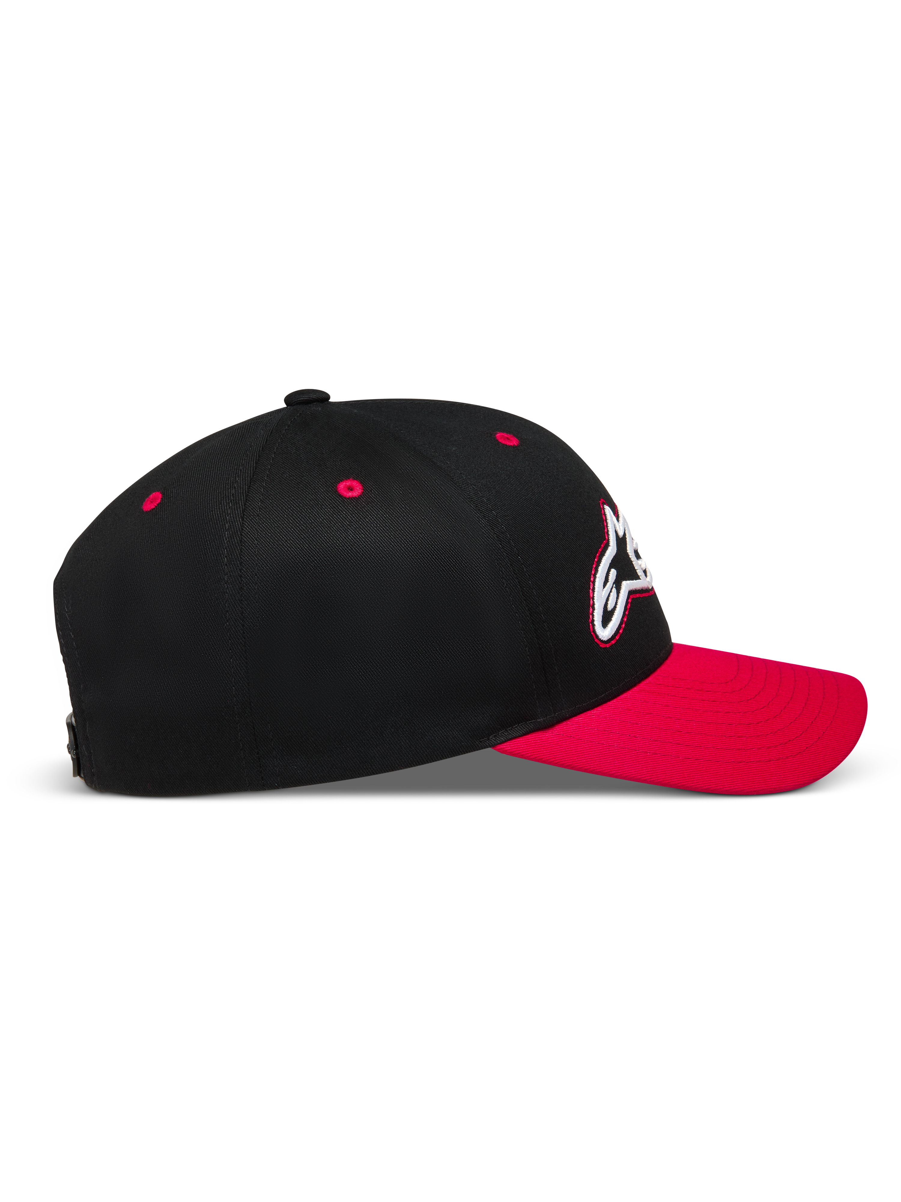 Alpinestars Retro Snapback Gorro, gorra deportiva negra y roja con visera curva y corona estructurada de sarga, vista de perfil
