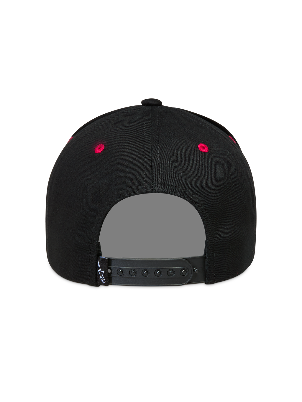 Alpinestars Retro Snapback Gorro, gorra deportiva negra con ojales rojos y cierre ajustable, vista trasera.