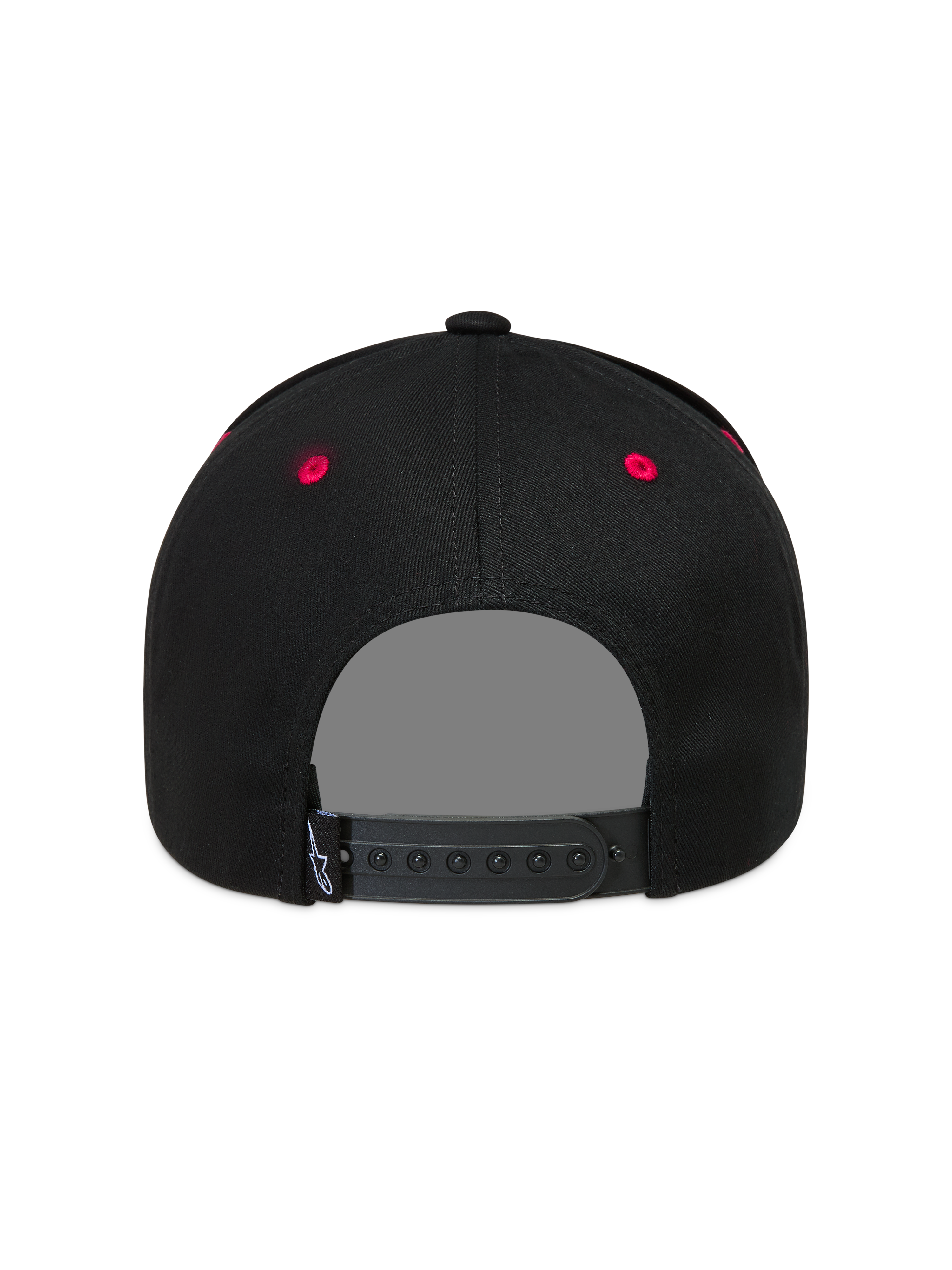 Alpinestars Retro Snapback Gorro, gorra deportiva negra con ojales rojos y cierre ajustable, vista trasera.