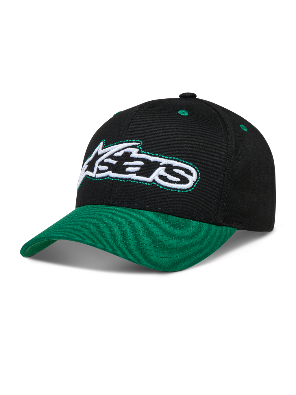 Alpinestars Retro Snapback Gorro, gorra negra y verde con visera curva y logotipo Astars bordado