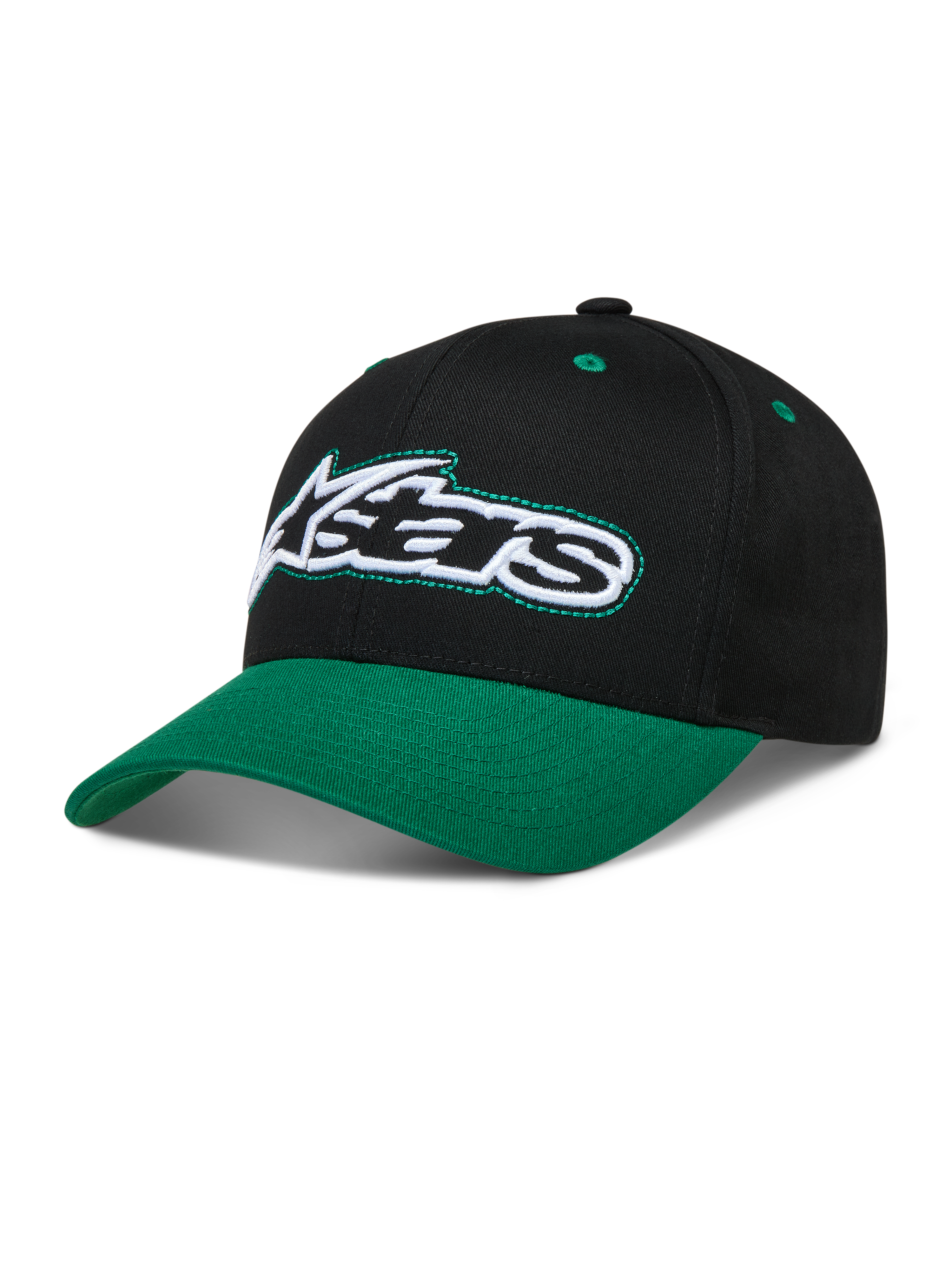 Alpinestars Retro Snapback Gorro, gorra negra y verde con visera curva y logotipo Astars bordado