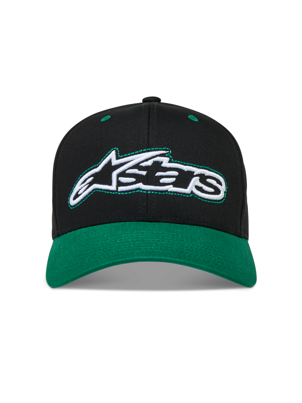 Alpinestars Retro Snapback Gorro, gorra de sarga negra y verde con visera curva y logotipo Astars bordado en el frente