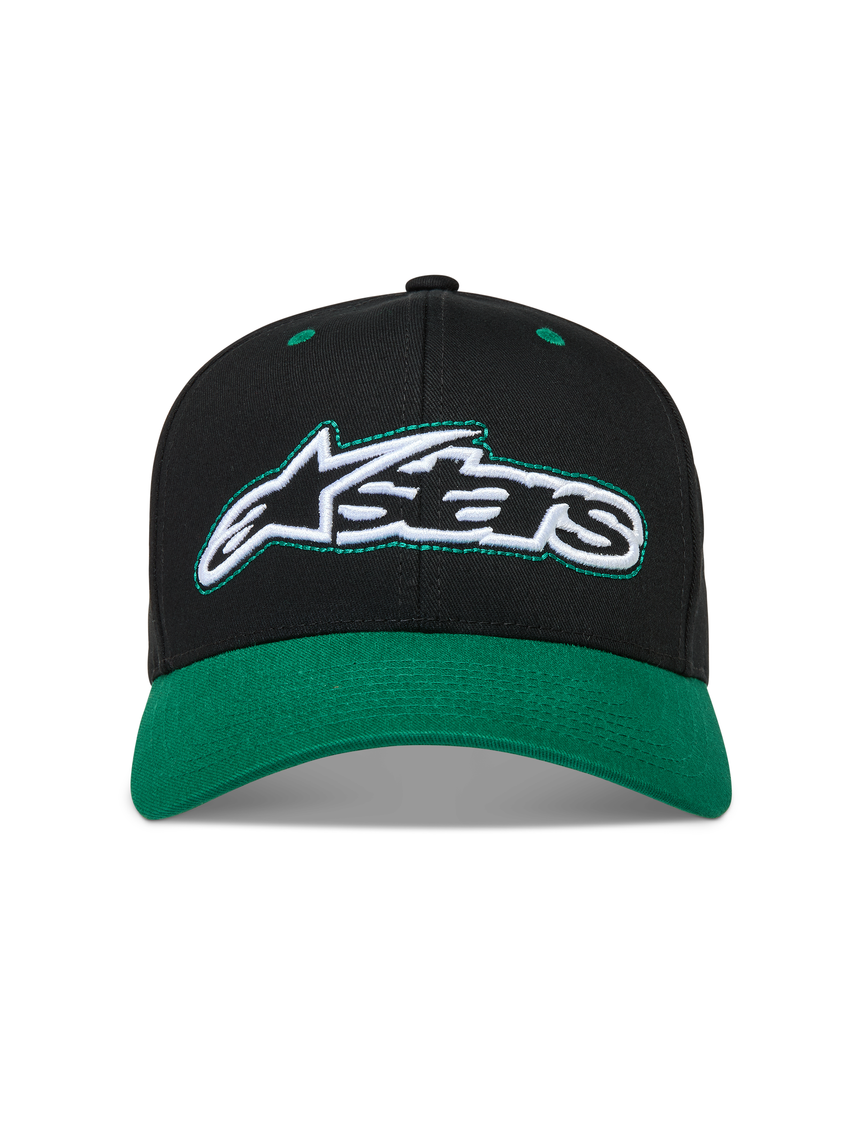 Alpinestars Retro Snapback Gorro, gorra de sarga negra y verde con visera curva y logotipo Astars bordado en el frente
