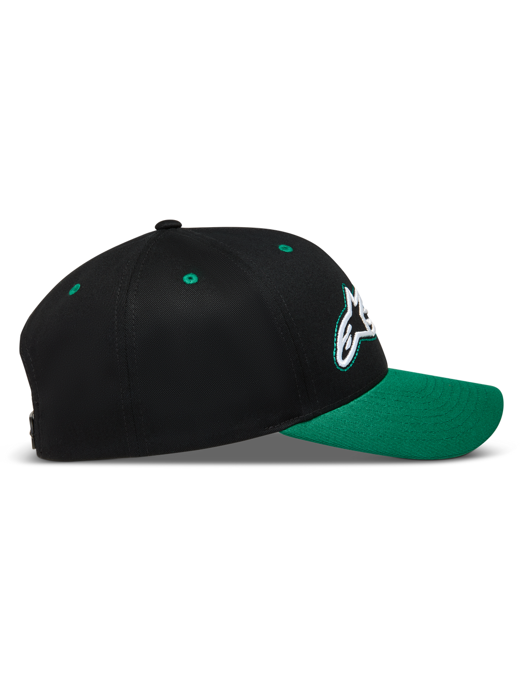 Alpinestars Retro Snapback Gorro, gorra negra y verde con visera curva, corona estructurada y logotipo Astars, ropa deportiva