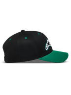 Alpinestars Retro Snapback Gorro, gorra negra y verde con visera curva, corona estructurada y logotipo Astars, ropa deportiva