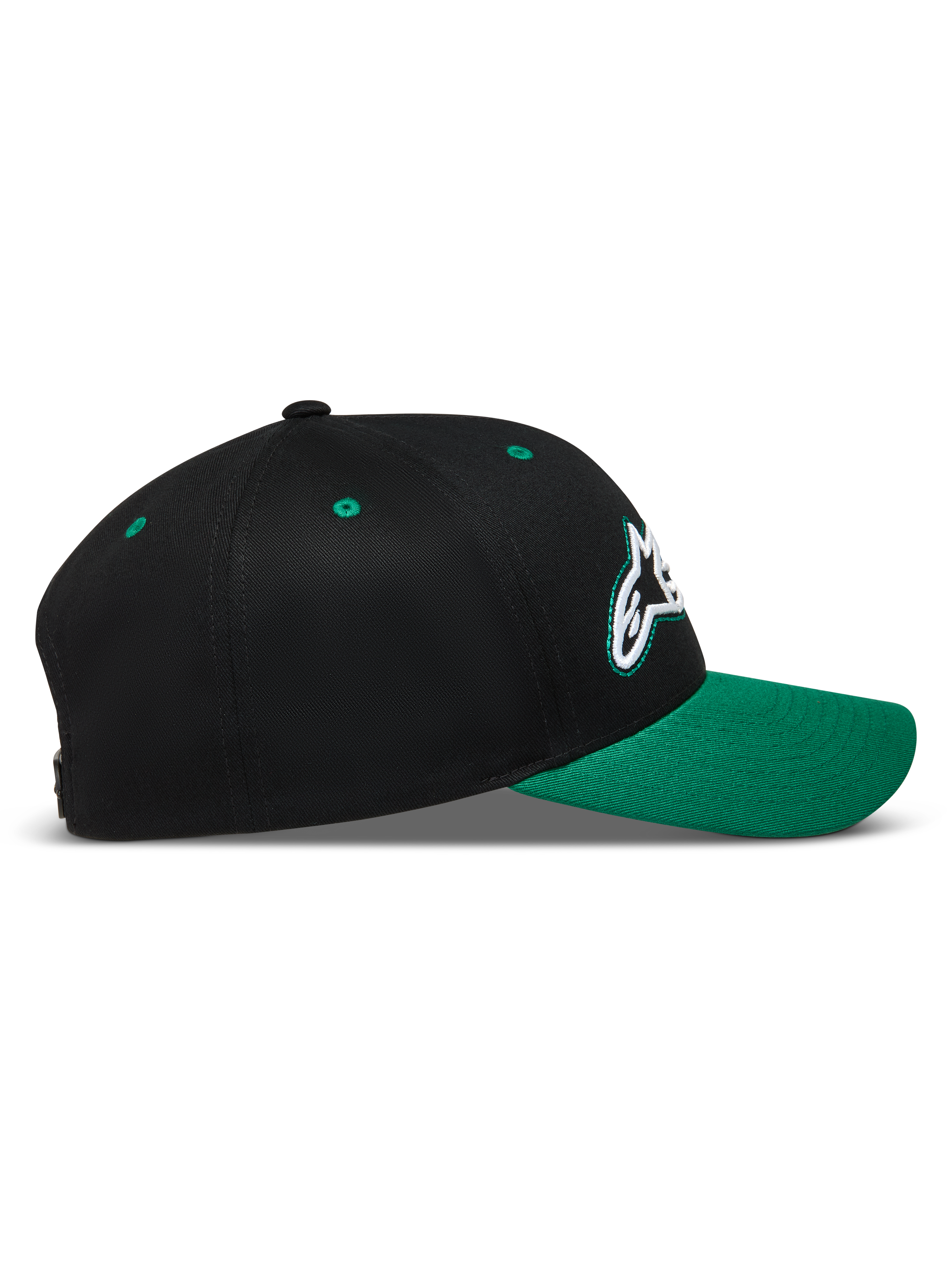 Alpinestars Retro Snapback Gorro, gorra negra y verde con visera curva, corona estructurada y logotipo Astars, ropa deportiva