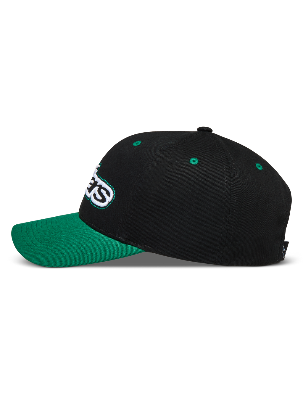 Alpinestars Retro Snapback Gorro, gorra de sportswear negra y verde, perfil lateral con visera curva y logotipo Astars bordado