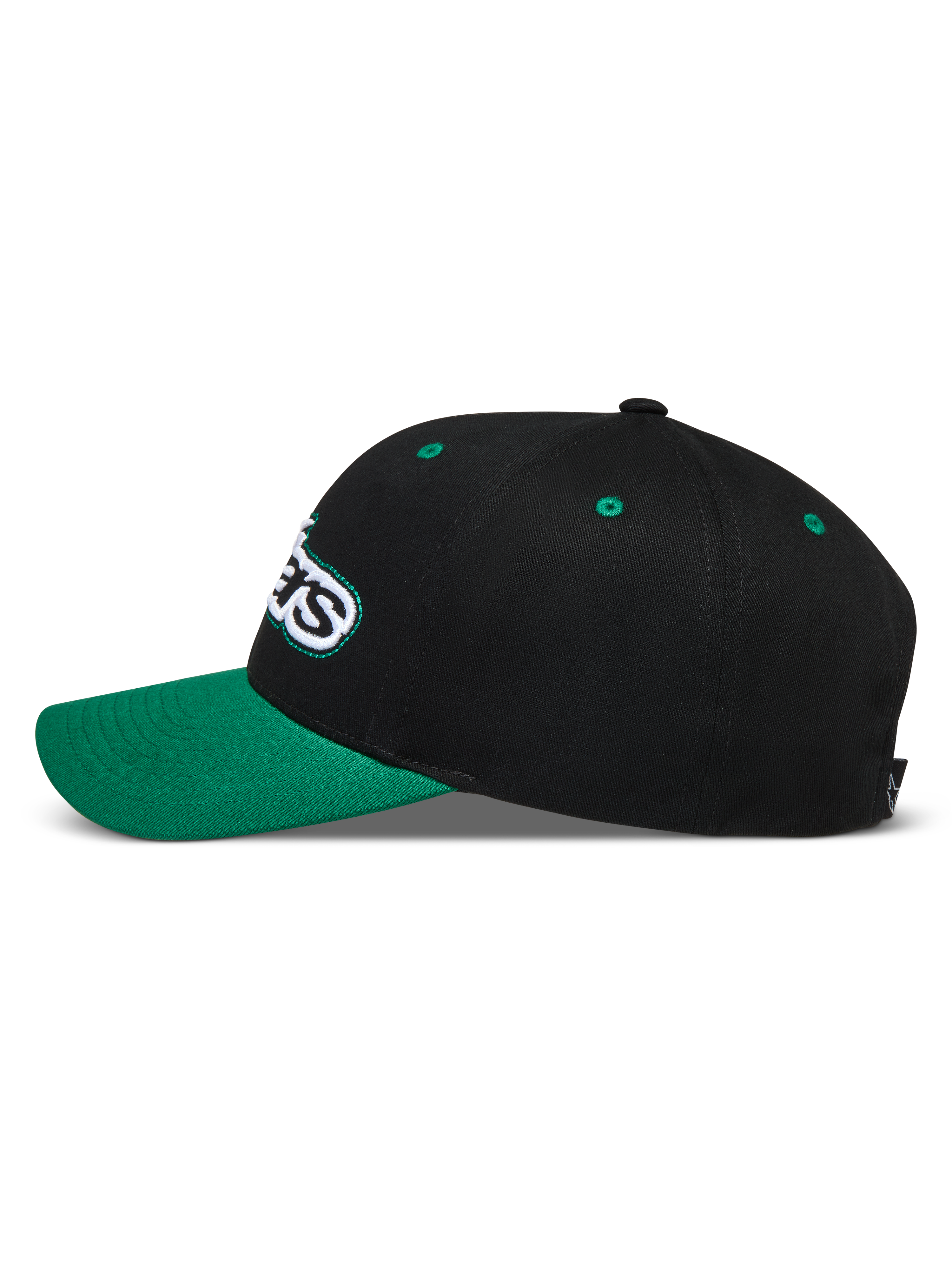 Alpinestars Retro Snapback Gorro, gorra de sportswear negra y verde, perfil lateral con visera curva y logotipo Astars bordado