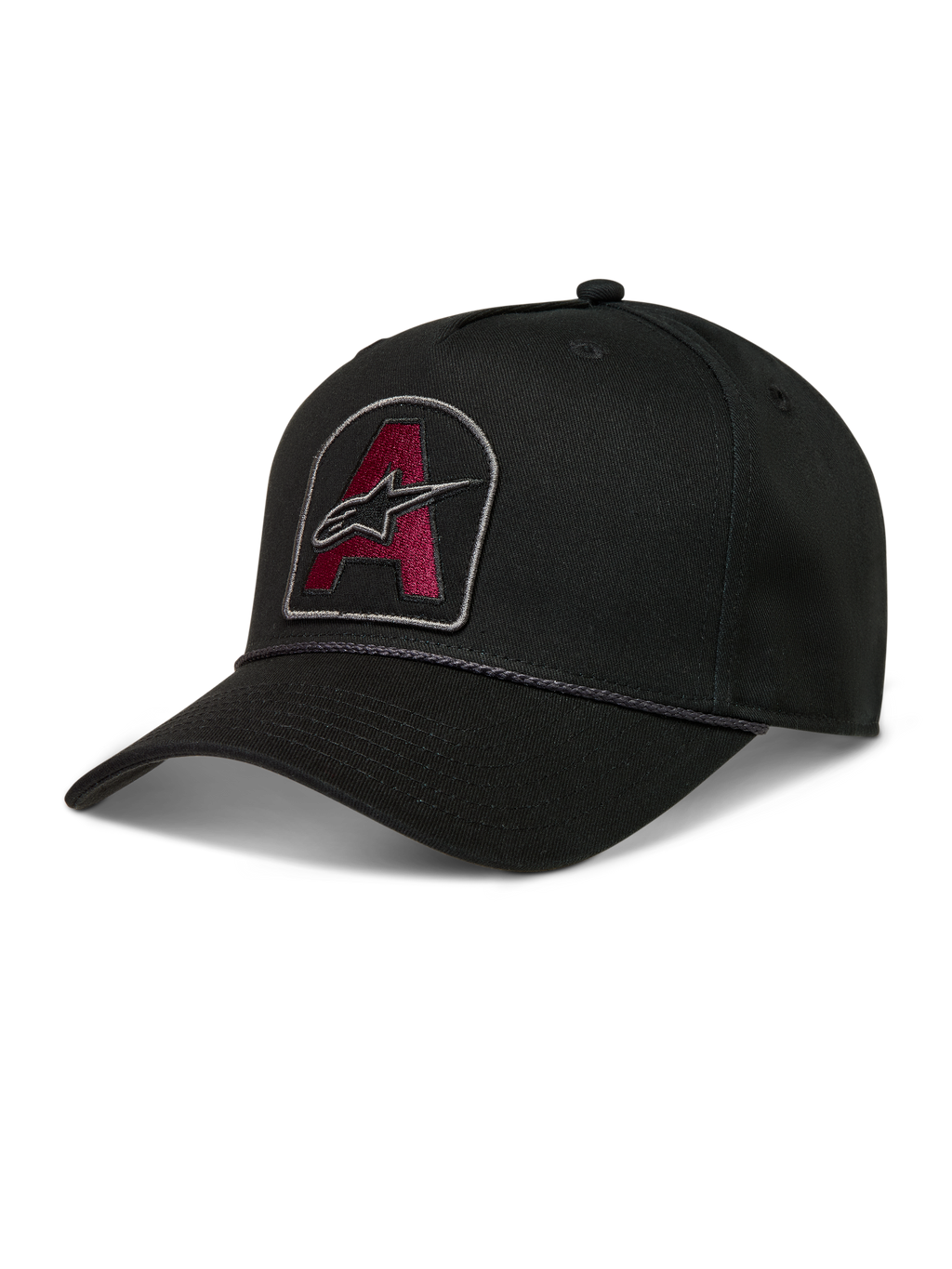 Alpinestars Acme Snapback, gorra de sarga negra con parche bordado granate, visera curva y ribete de cuerda