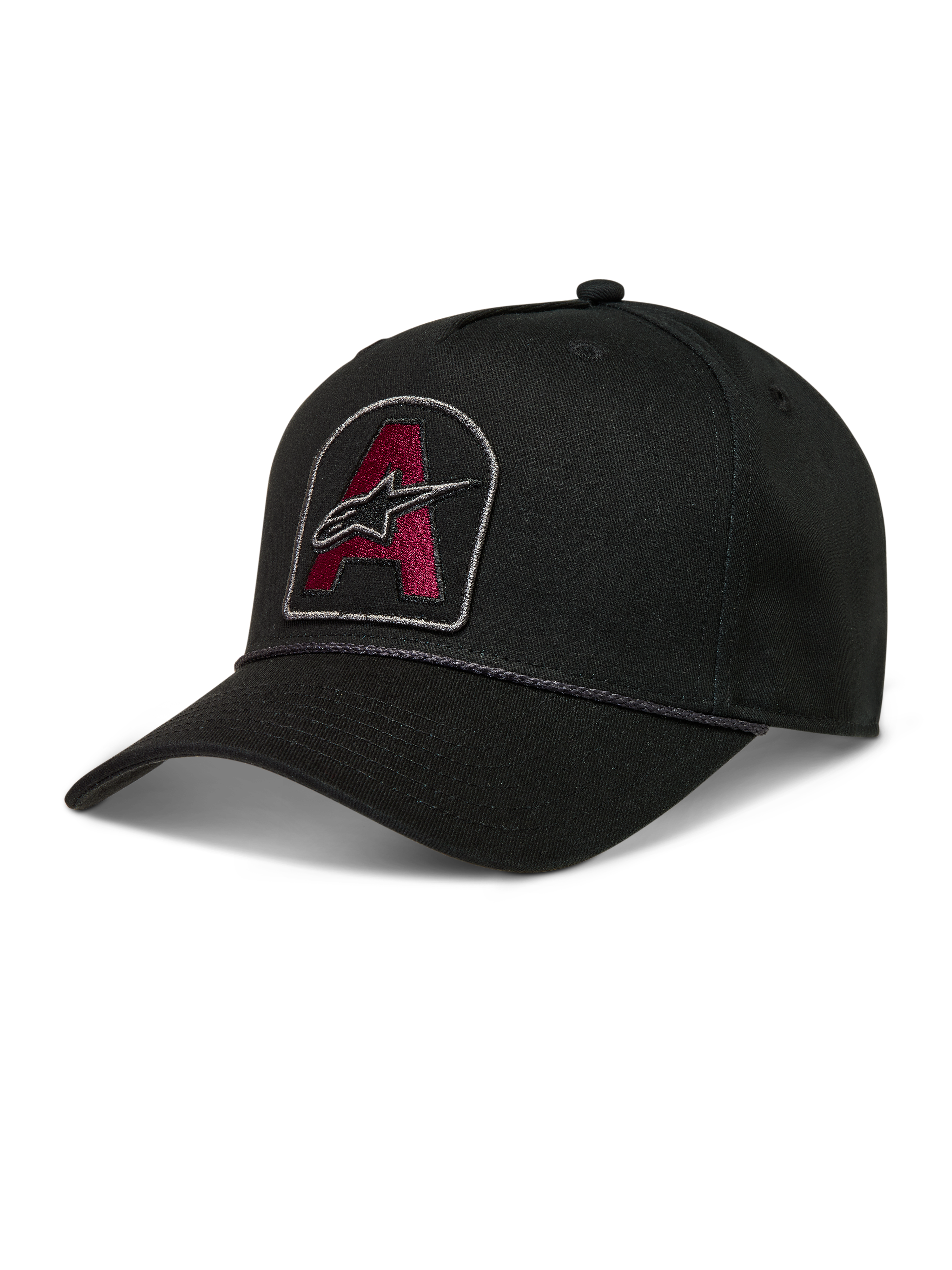 Alpinestars Acme Snapback, gorra de sarga negra con parche bordado granate, visera curva y ribete de cuerda