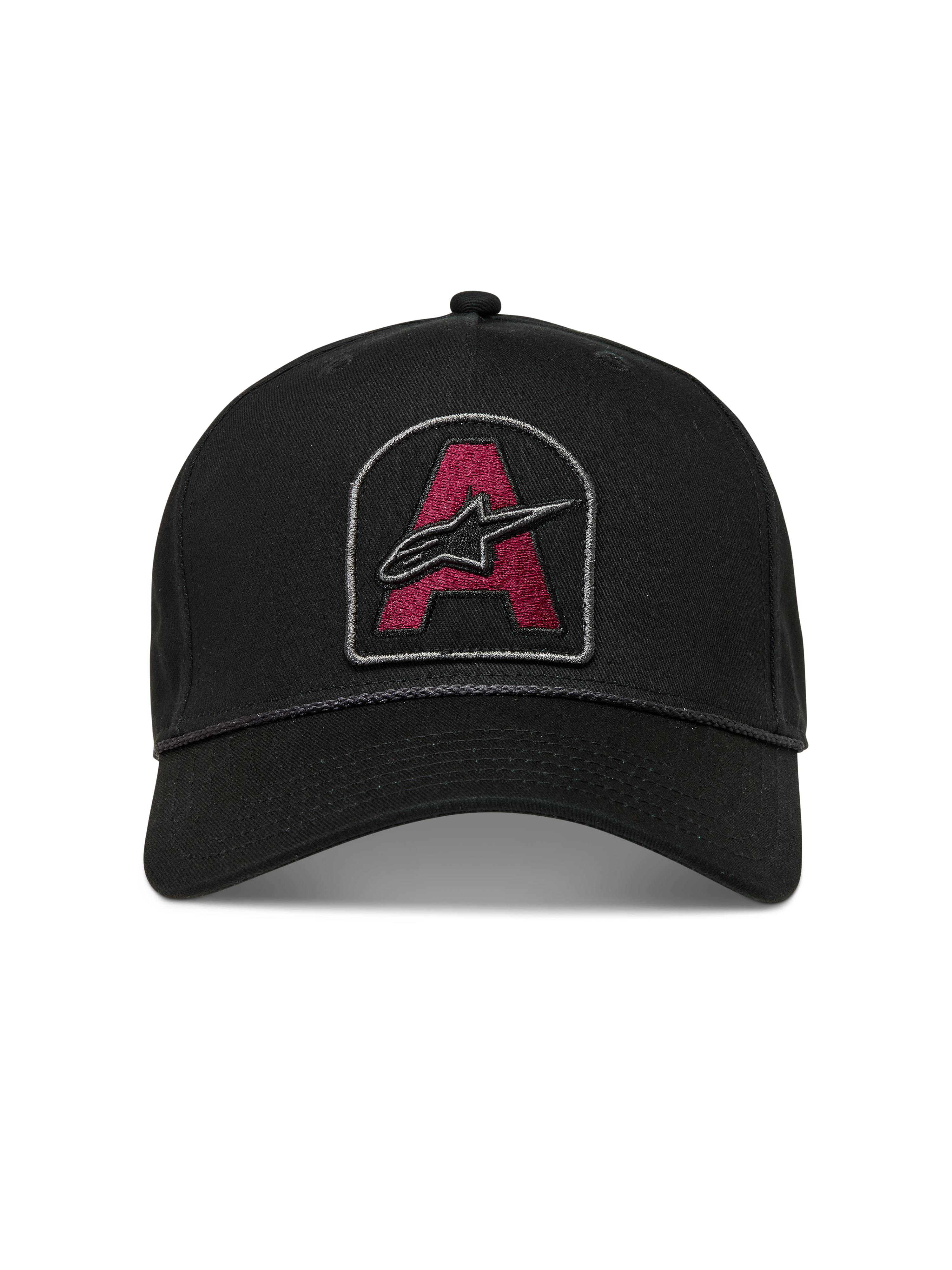Alpinestars Acme Snapback, gorra de sarga negra con parche bordado de logotipo Astars en rojo oscuro, visera curva y detalle de ribete de cuerda