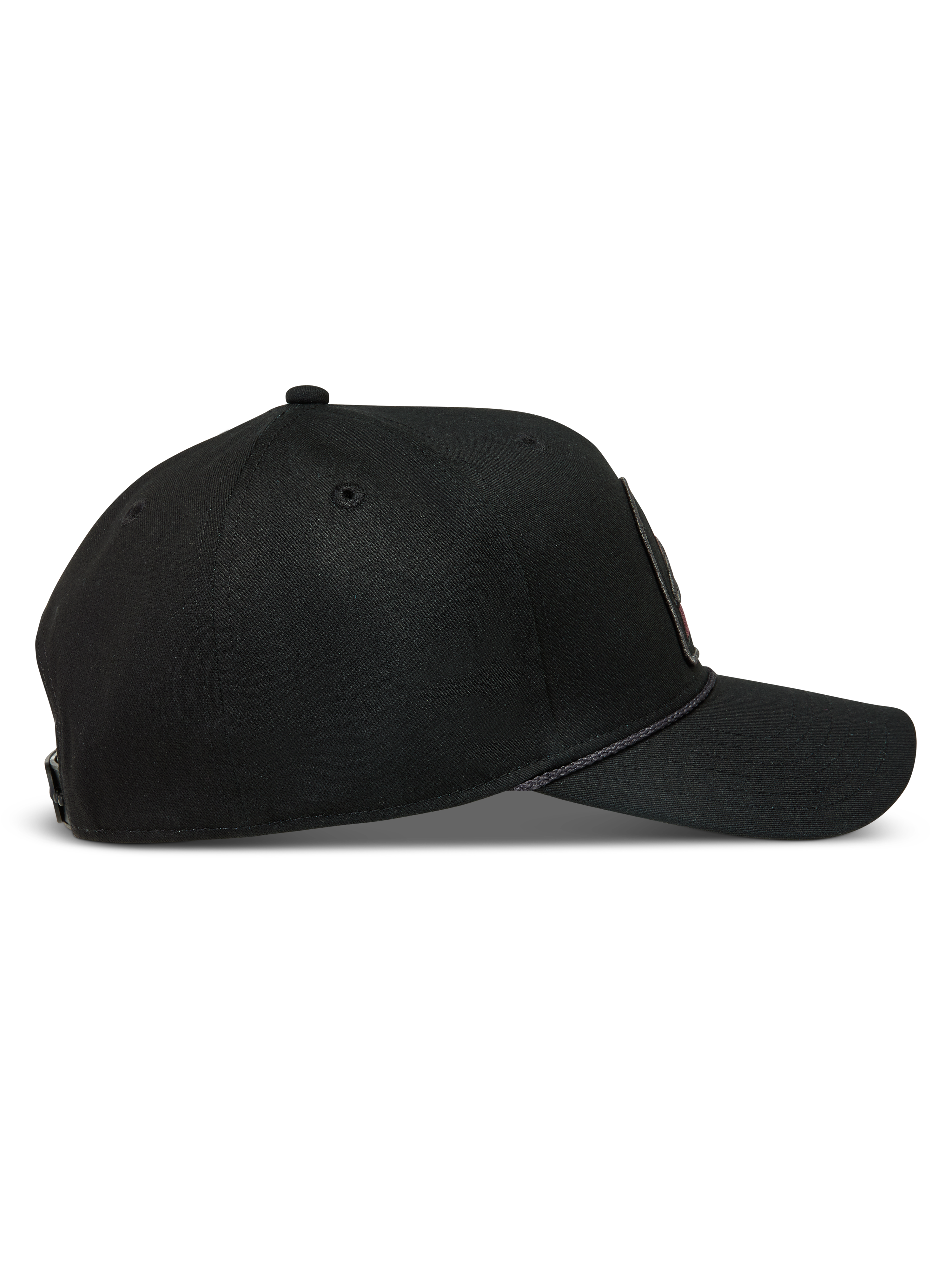 Alpinestars Acme Snapback, gorra de sarga negra con visera curva, corona estructurada y ribete de cuerda, ropa deportiva
