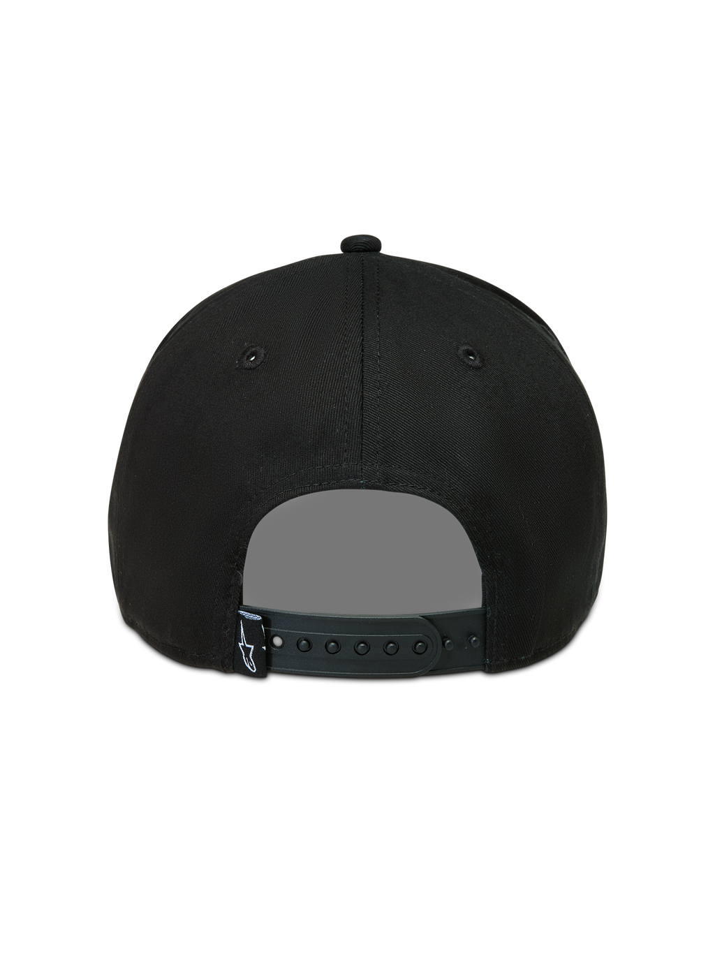Alpinestars Acme Snapback Gorro, gorra negra de sarga, vista posterior con cierre snapback ajustable y pequeña etiqueta con el logotipo de Astars, ropa deportiva