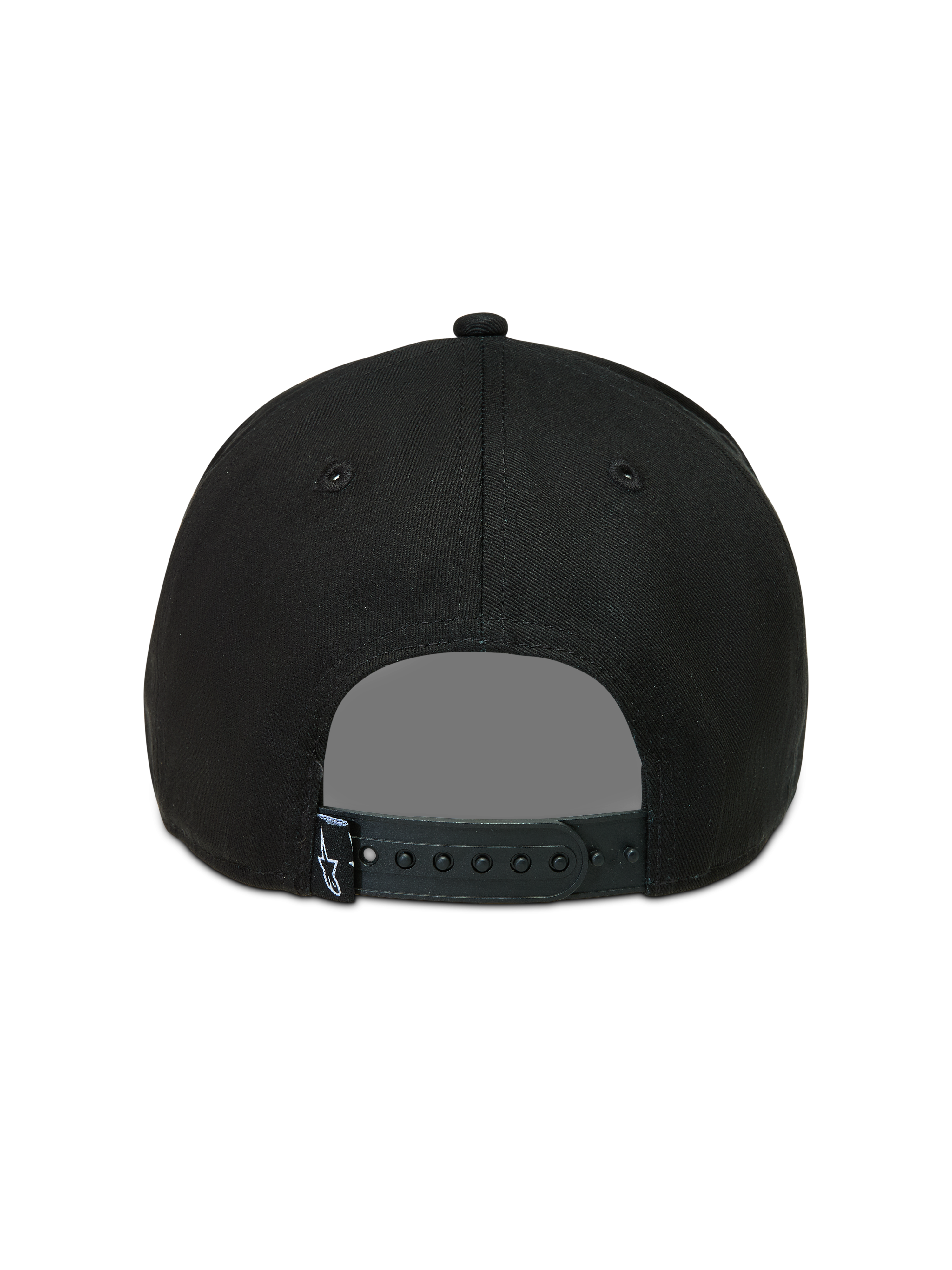 Alpinestars Acme Snapback Gorro, gorra negra de sarga, vista posterior con cierre snapback ajustable y pequeña etiqueta con el logotipo de Astars, ropa deportiva