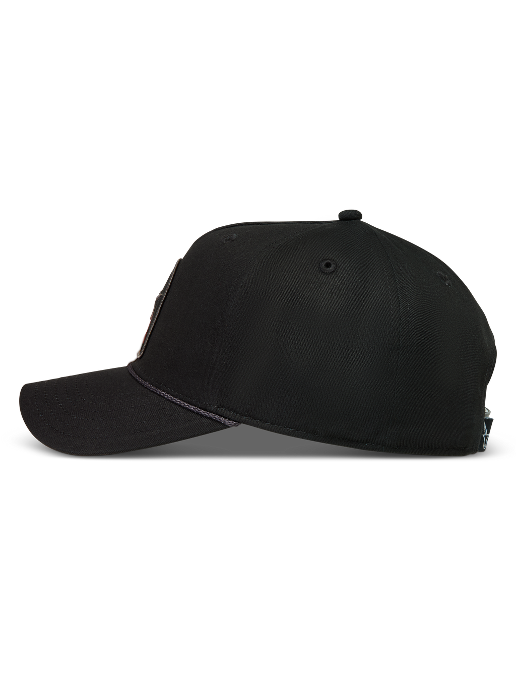 Alpinestars Acme Snapback, gorra deportiva negra de perfil con corona estructurada, visera curva y detalle de ribete de cuerda