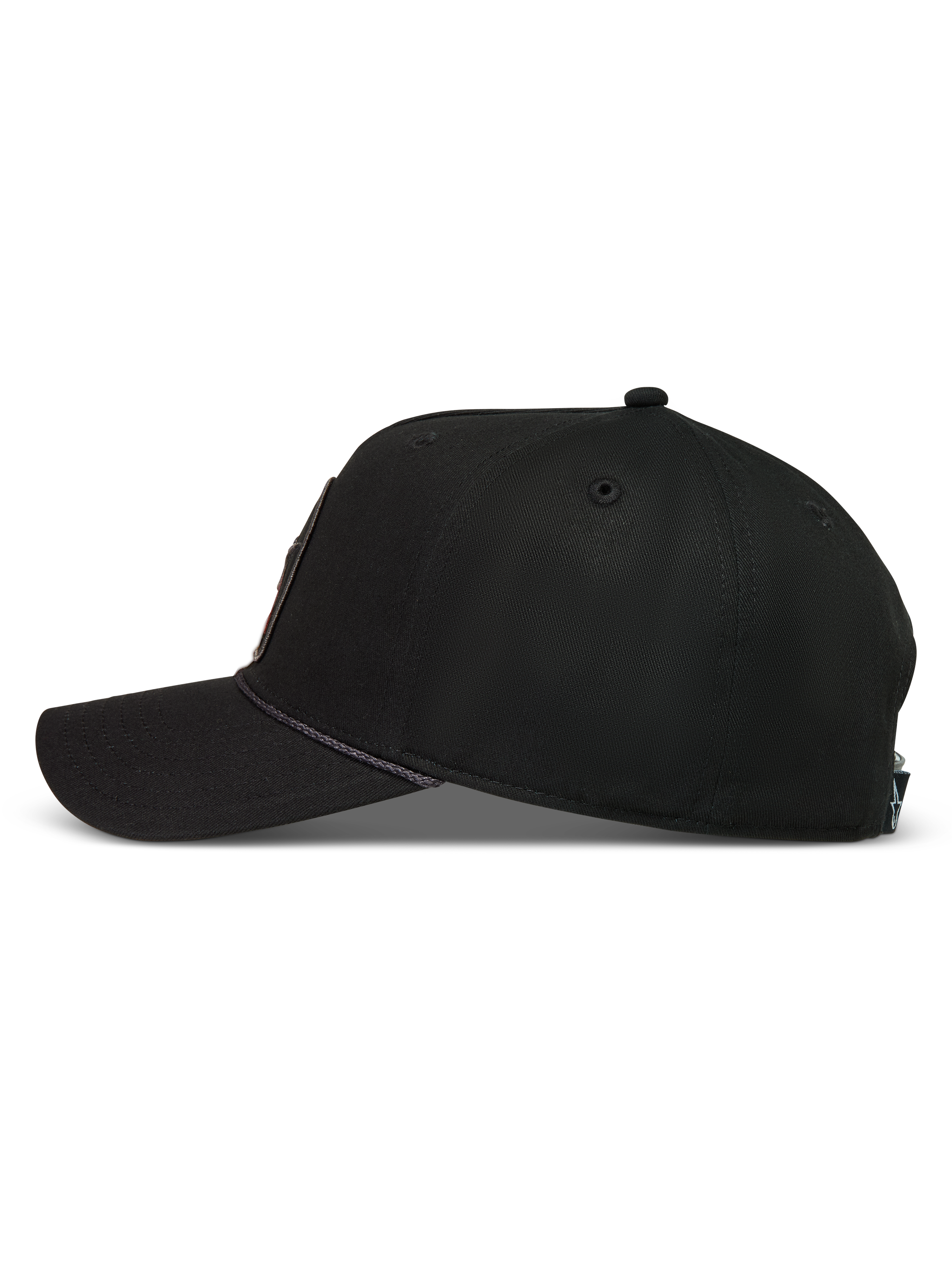 Alpinestars Acme Snapback, gorra deportiva negra de perfil con corona estructurada, visera curva y detalle de ribete de cuerda