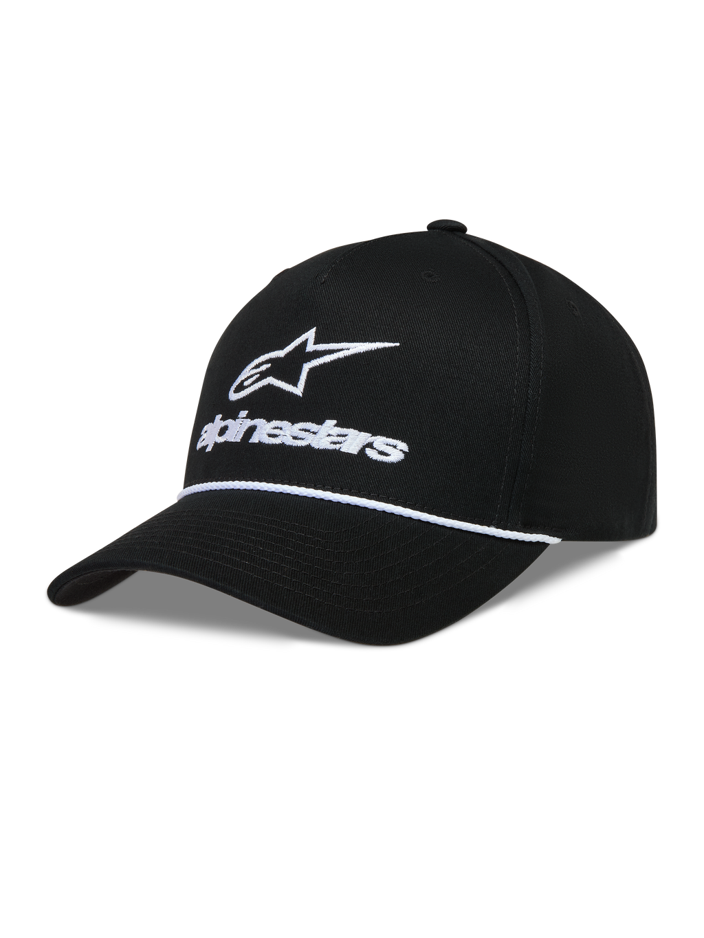 Alpinestars Combo Logo Snapback, gorra negra de sarga con logotipo blanco bordado y visera curva, ropa deportiva