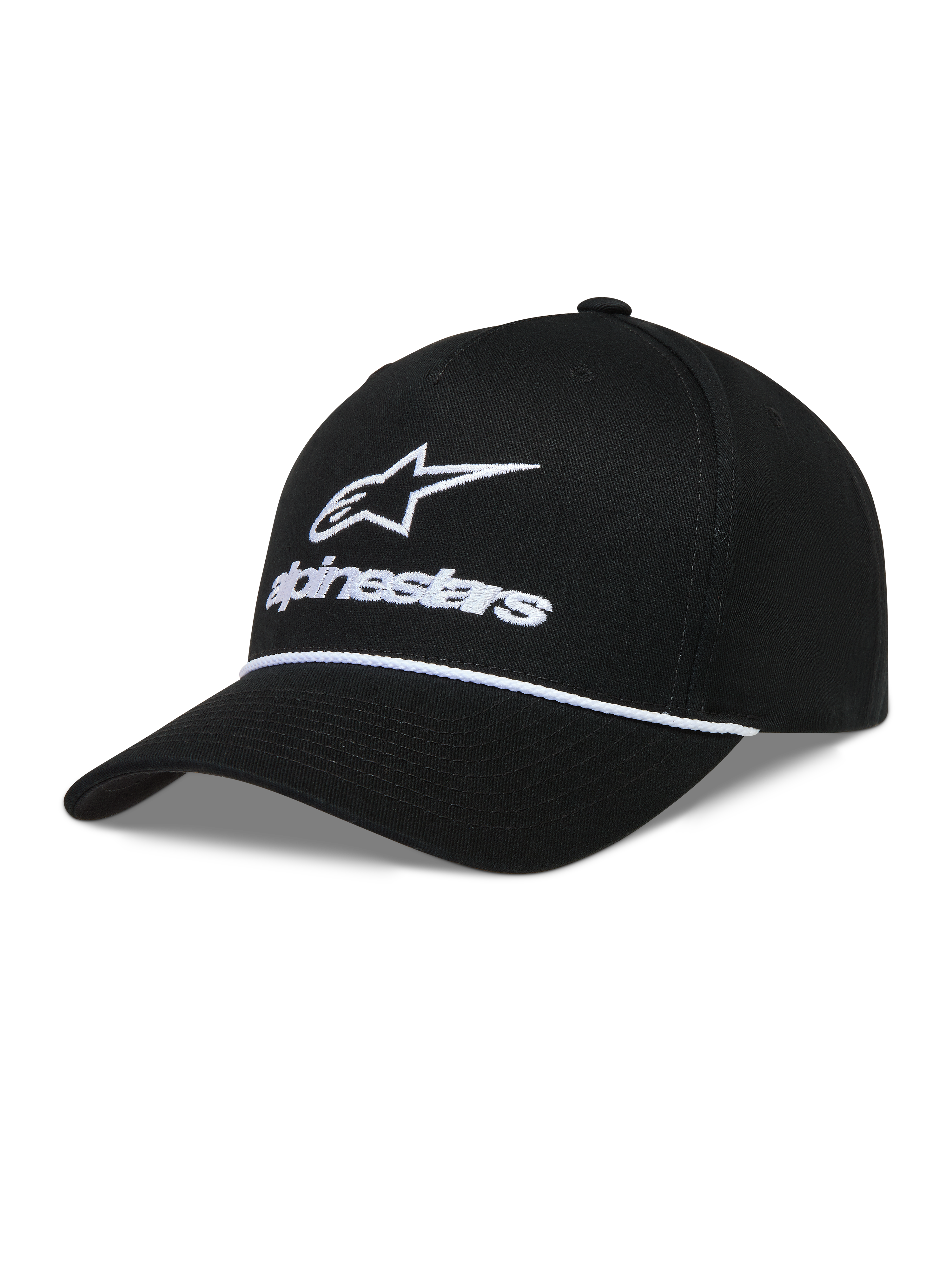 Alpinestars Combo Logo Snapback, gorra negra de sarga con logotipo blanco bordado y visera curva, ropa deportiva