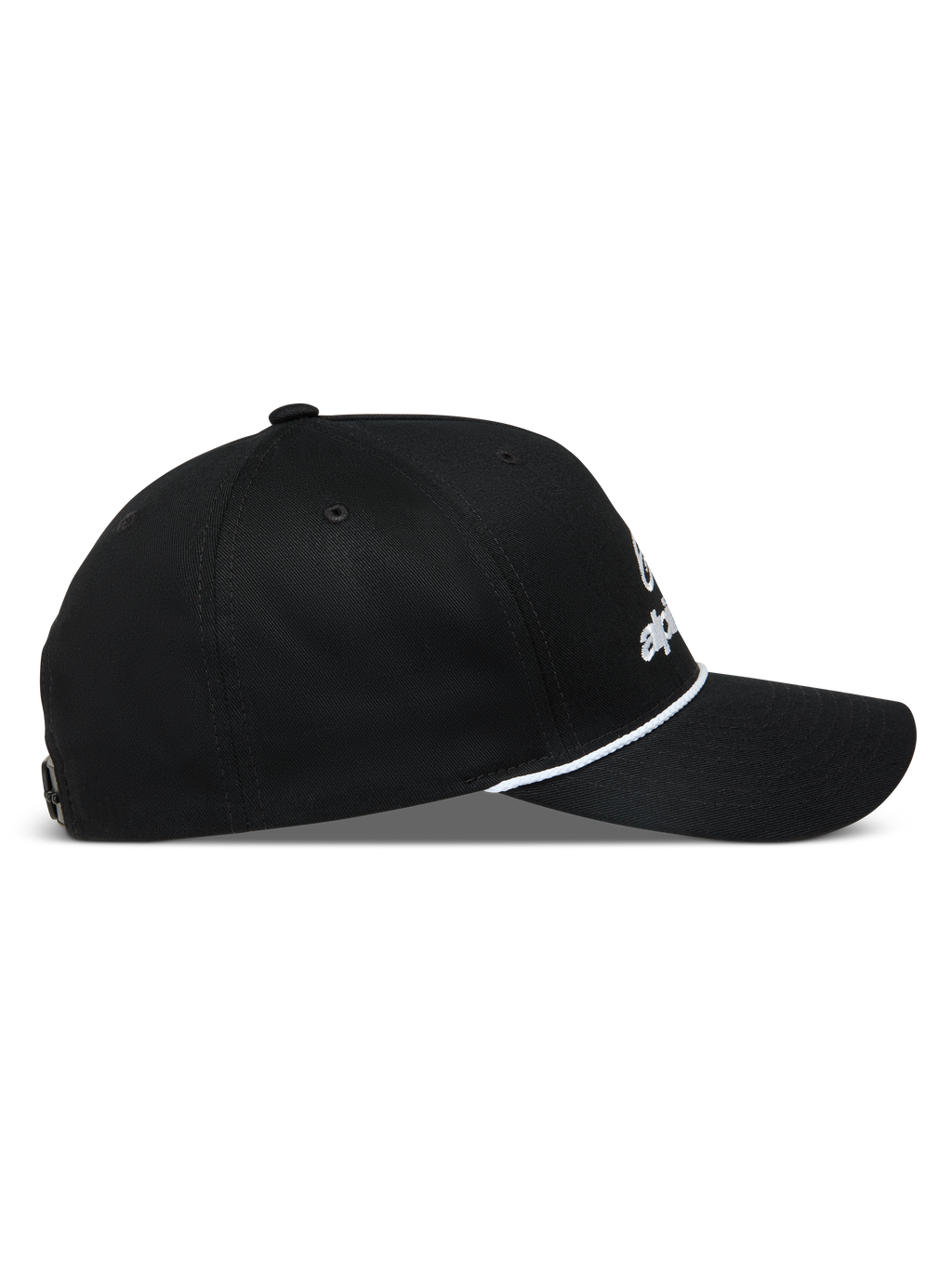 Alpinestars Combo Logo Snapback, gorra de sarga negra con perfil lateral, visera curva y detalle de cordón blanco