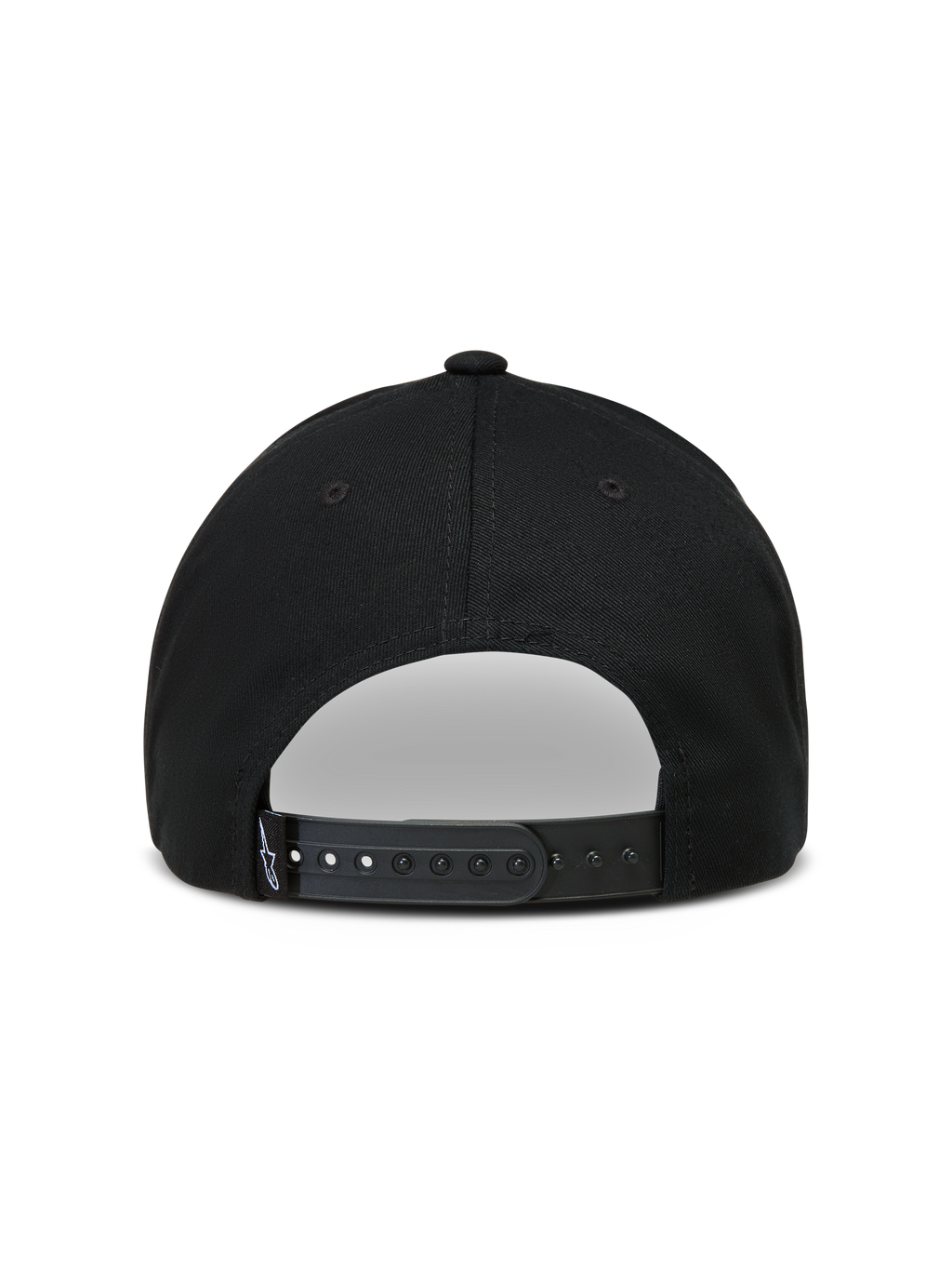 Alpinestars Combo Logo Snapback Gorro, vista trasera de gorra negra con cierre ajustable y etiqueta con logotipo