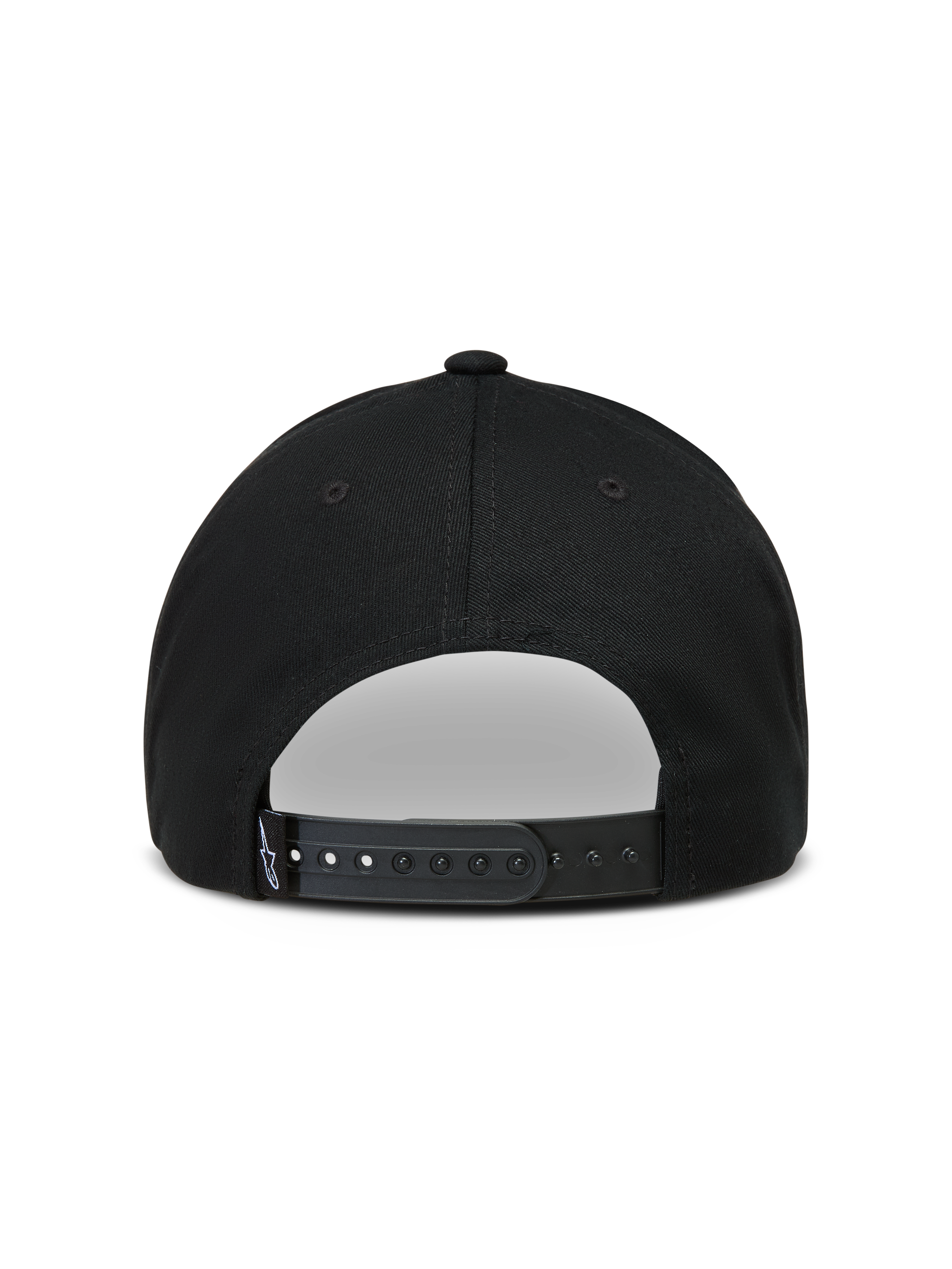 Alpinestars Combo Logo Snapback Gorro, vista trasera de gorra negra con cierre ajustable y etiqueta con logotipo