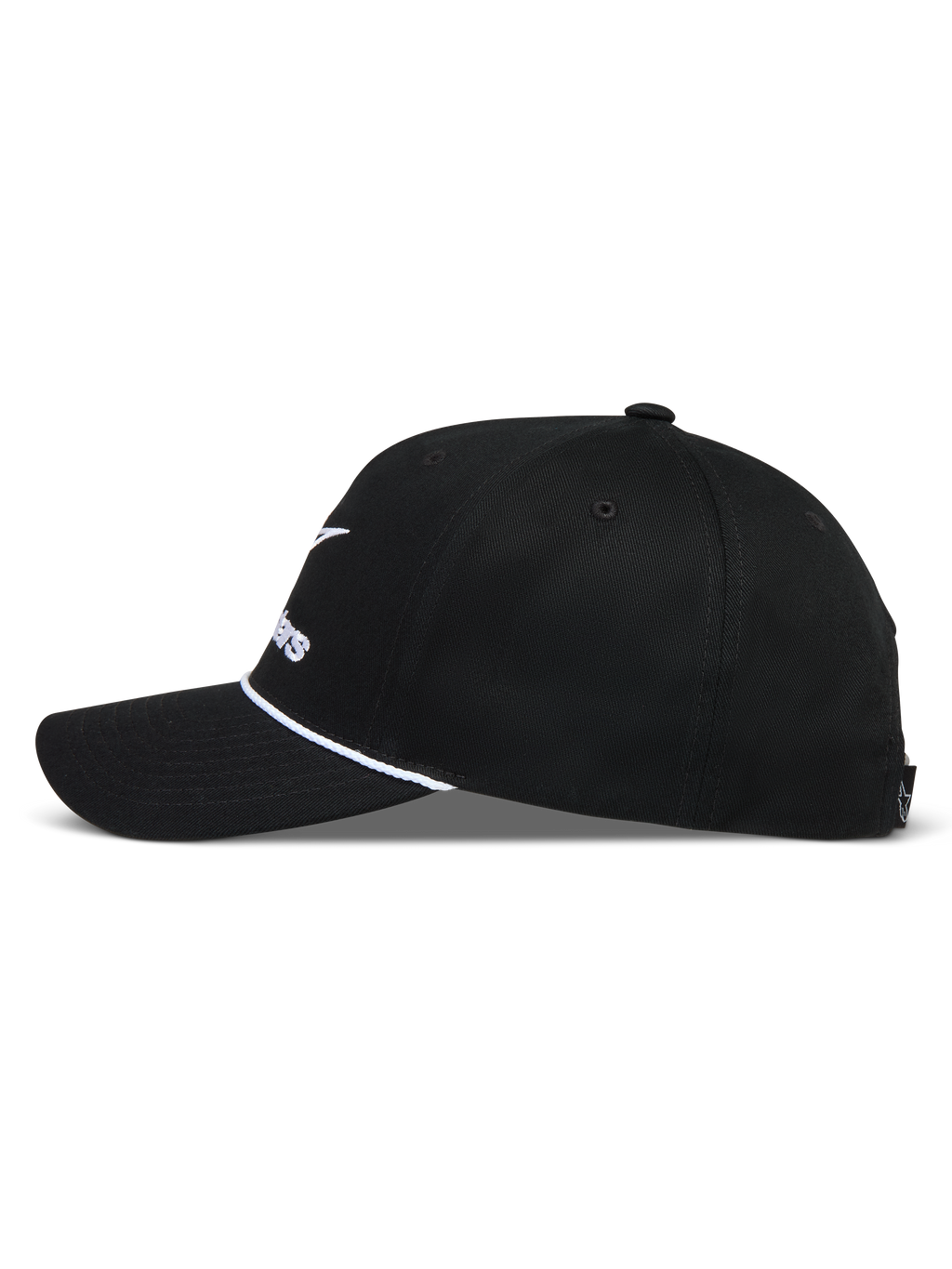 Alpinestars Combo Logo Snapback, gorra deportiva negra con visera curva, detalle de cuerda blanca y corona estructurada